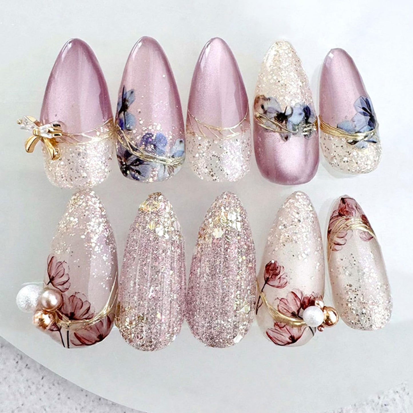 Blue Flower Press-On Nails - Medium Almond French Tip with Bow Design | Glossy Full Cover for DIY Manicure