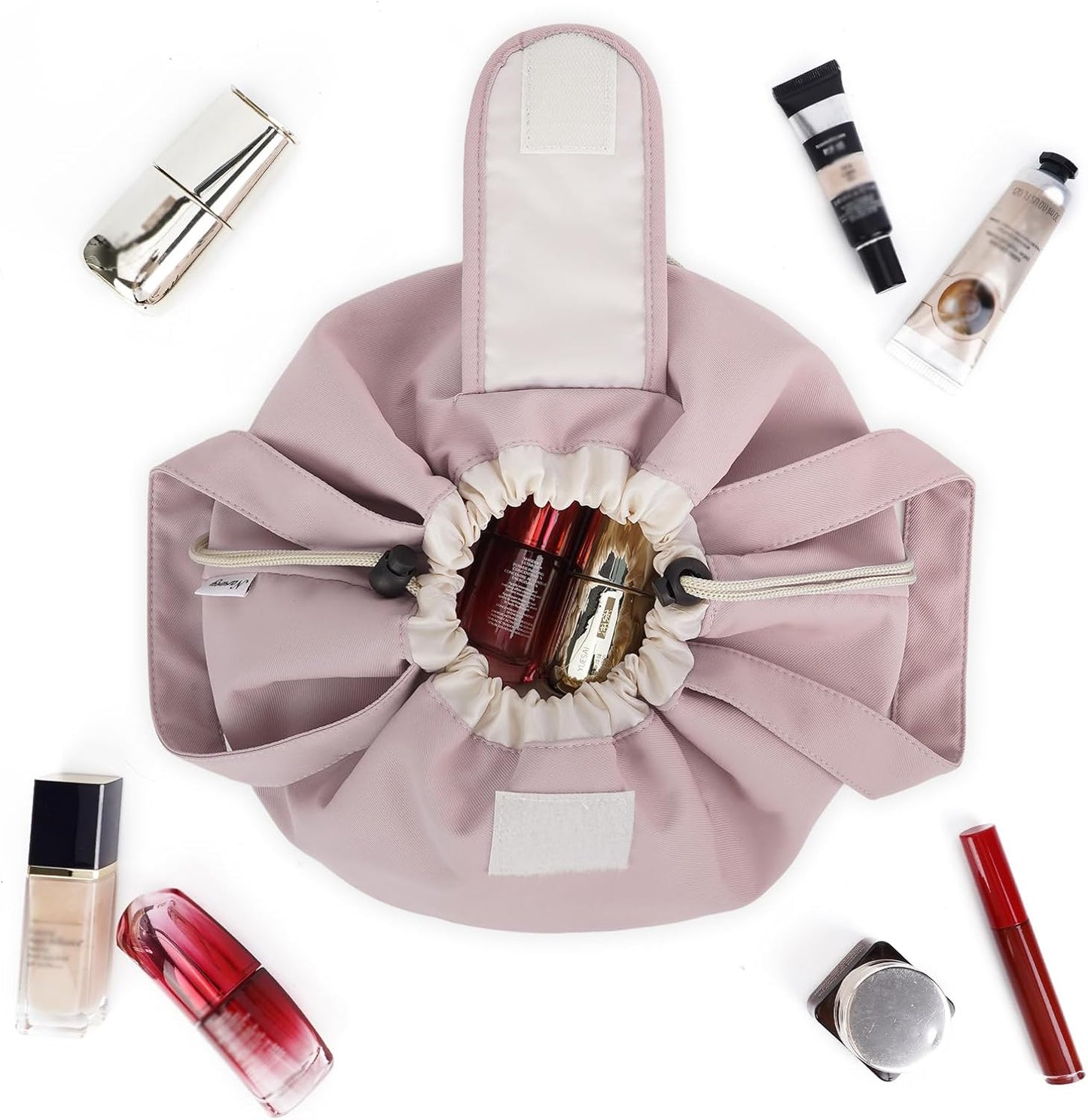 Large Pink Barrel Drawstring Makeup Bag - Stylish Cosmetic Organizer for Toiletries | Dusty Rose Color