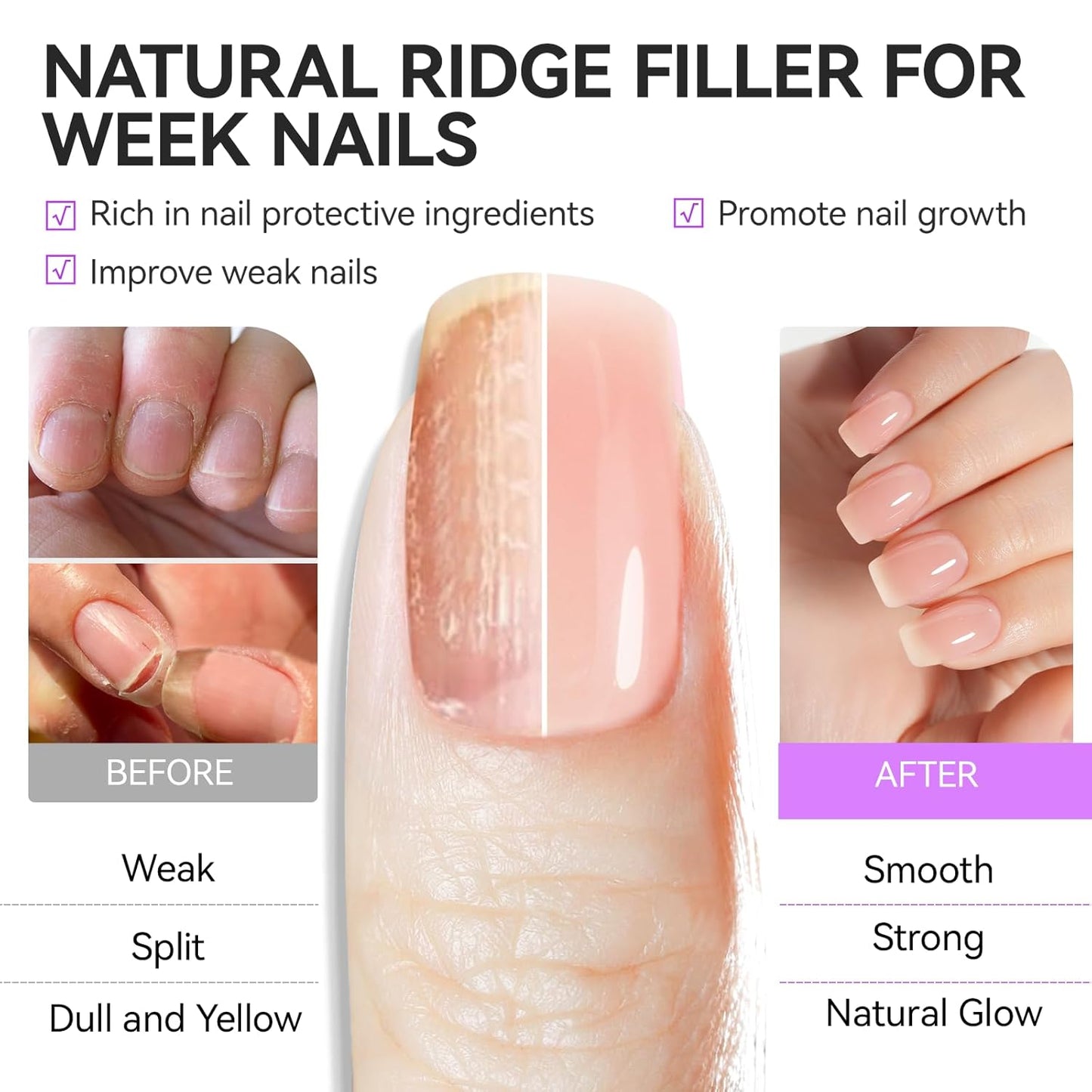 Nail Strengthener & Growth | Extra Strong Protein Hardener for Damaged Nails - Nude Pink 15ml - Quick Dry Ridge Filler