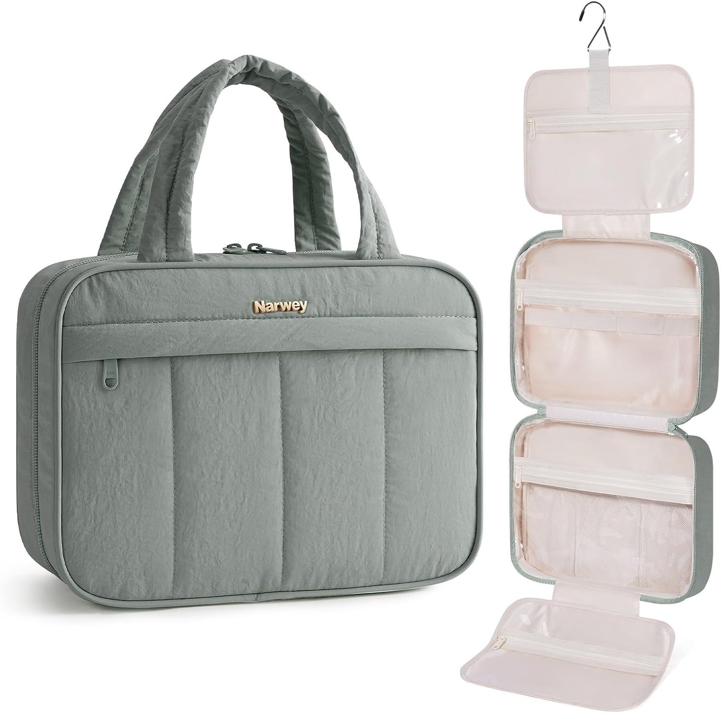 Hanging Travel Toiletry Bag for Women - Quilted Makeup Organizer with Handle | Portable Khaki Bathroom Essentials