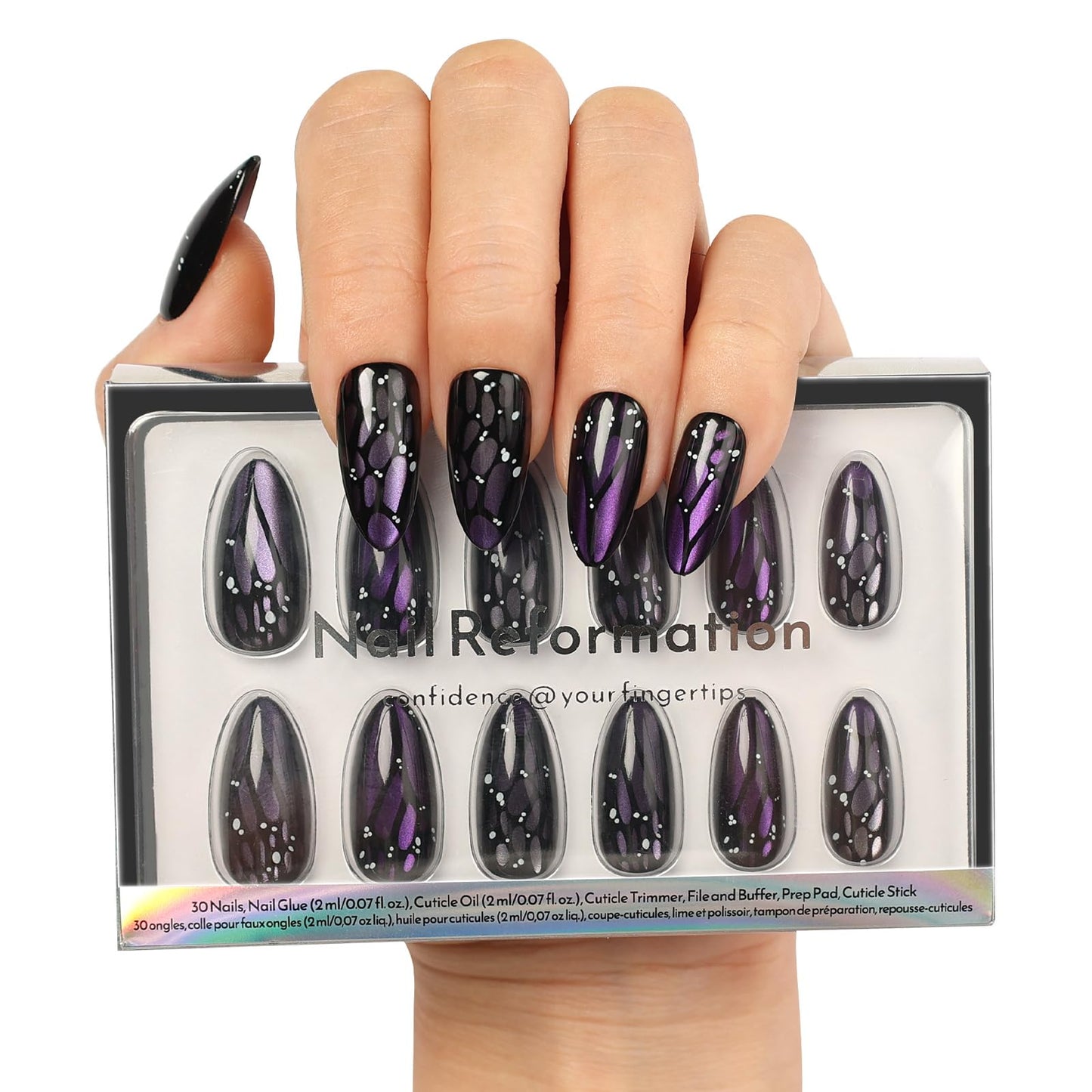 Nail Reformation Press On Nails, Purple Mariposa | Medium Almond Fake Nails with Purple Cat Eye & Butterfly Wing in Glossy Finish, Reusable Stick On Nails in 15 Sizes - 30 Nail Kit for Women Gifts