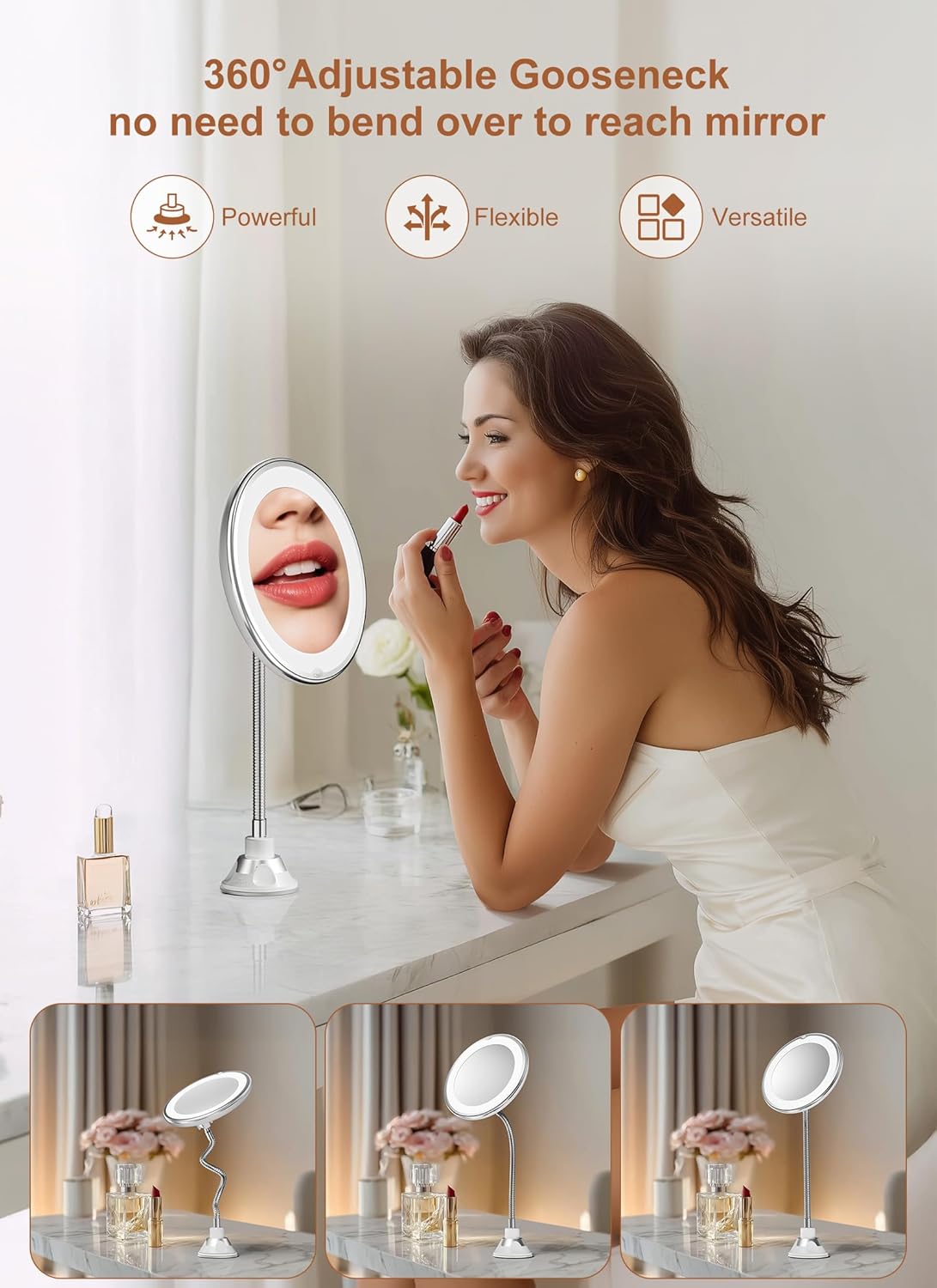 Brightown 10x Magnifying Makeup Mirror with Light - Flexible Gooseneck, Cordless Design, Suction Cups | Silver