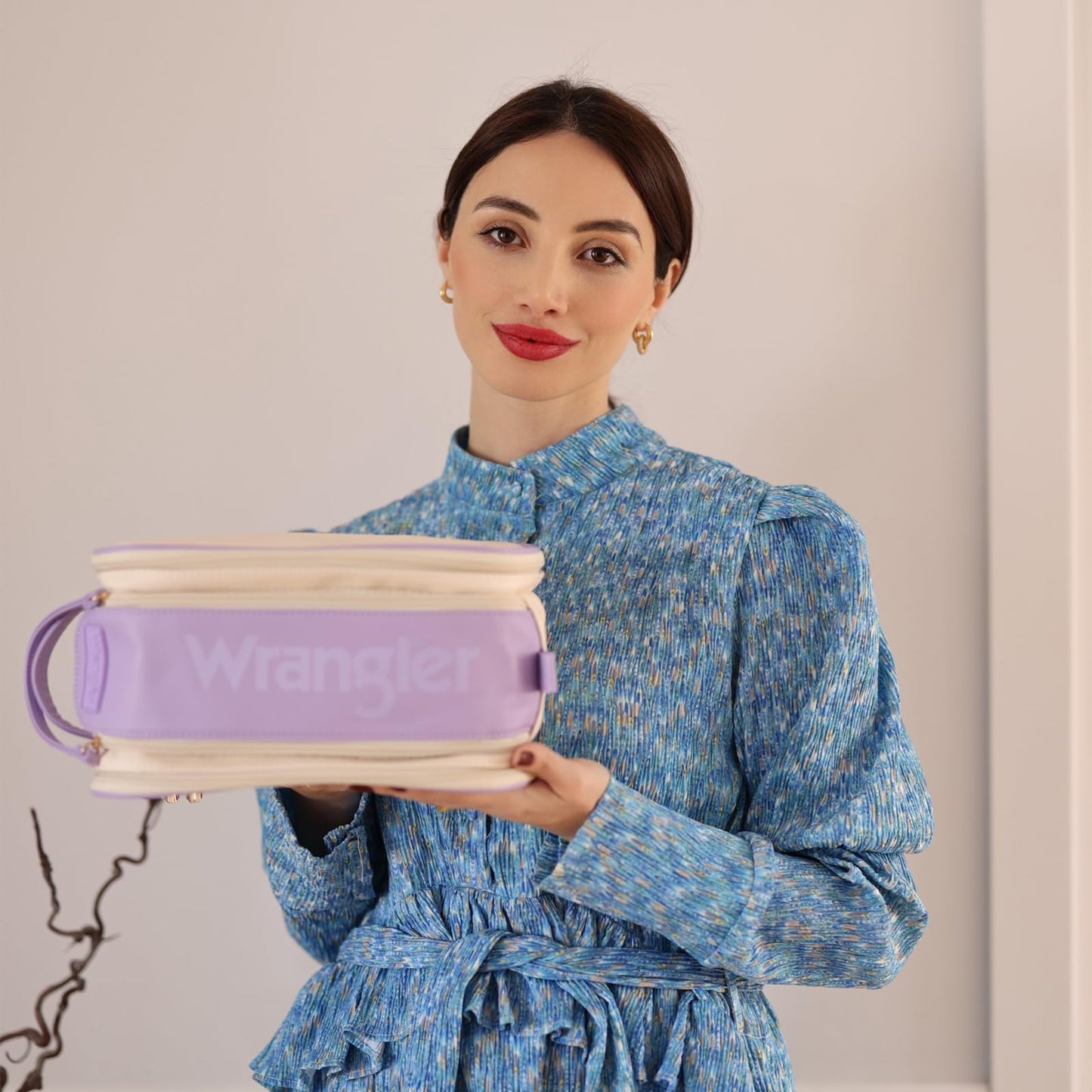 Montana West X Wrangler Large Makeup Bag Travel Toiletry Bag Portable Cosmetic Bag Make Up Organizer with Divider and Handle for Women WG393-9002BG-PP