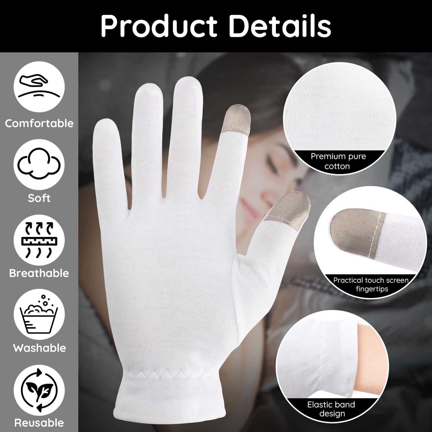 Segbeauty White Cotton Gloves with Touchscreen Fingers, 8pcs Hand Moisturizing Gloves with Elastic Band, 4 Pair Soft Cotton Sleeping Gloves for Dry Hand Overnight, White Gloves for Art Handling Medium