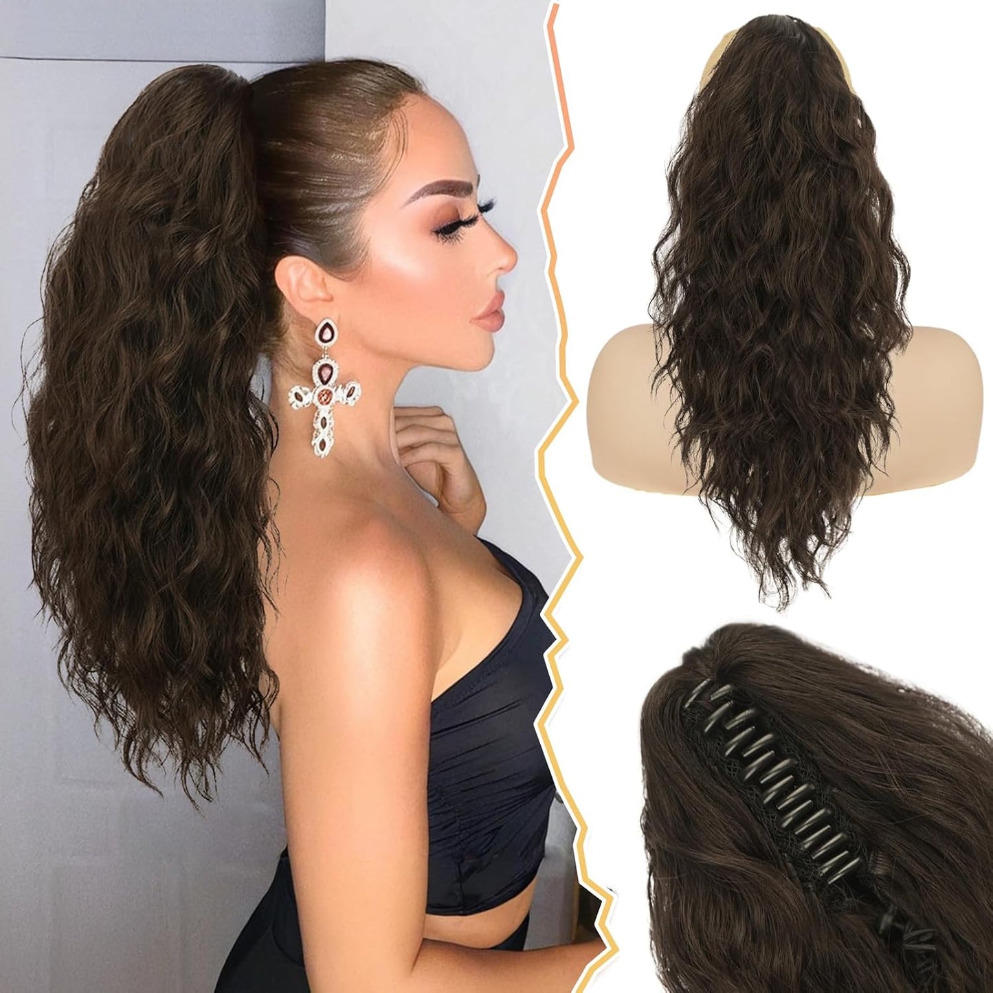 Ponytail Hair Extensions - 12 Inch Claw Clip Dark Brown Curly Wavy Ponytail for Women