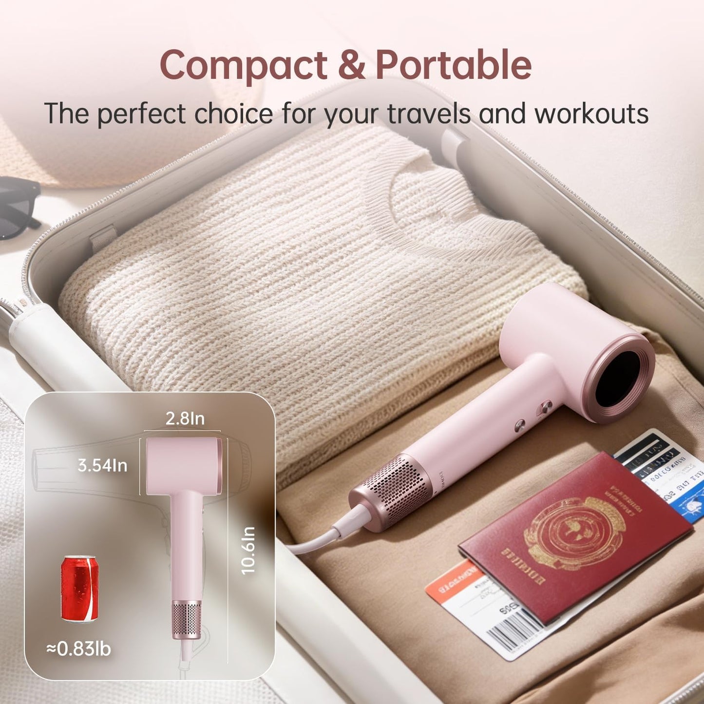 BOWEI High-Speed Hair Dryer - 110,000 RPM Lightweight Blow Dryer with Smart Thermo-Control | Pink, Anti-Frizz, All Hair Types