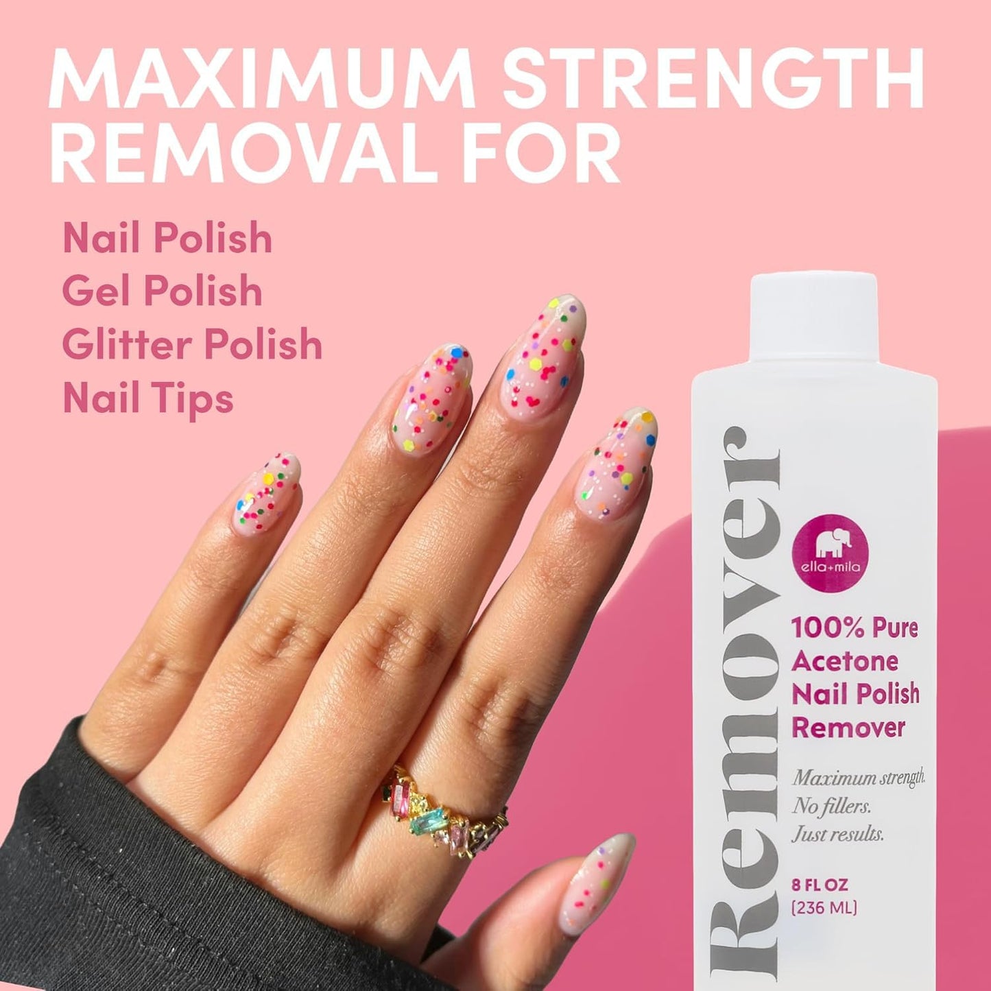 Ella+mila 100% Pure Acetone Nail Polish Remover - Professional Strength Gel for Acrylic & Shellac | 8 fl oz