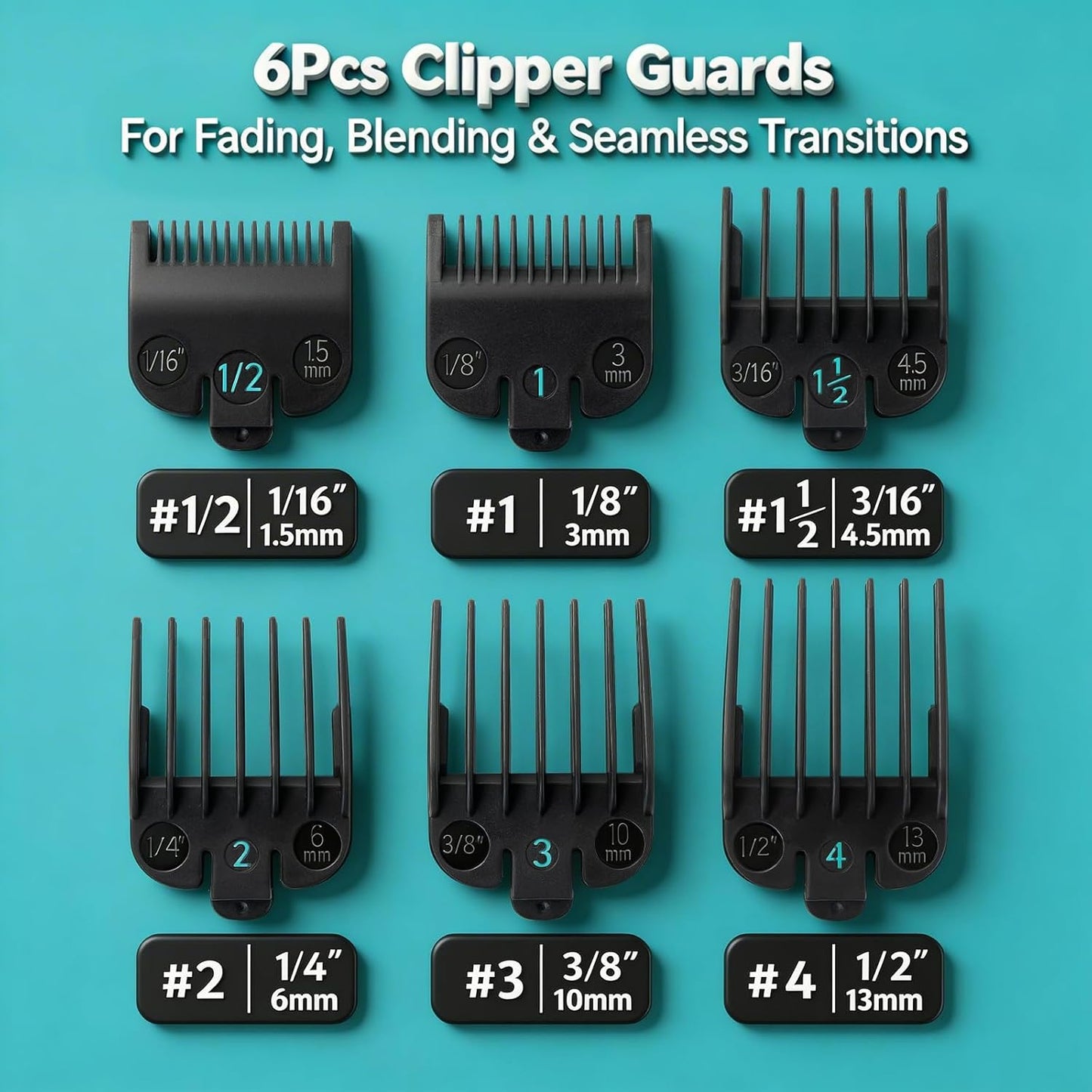 Clipper Guards Set - Compatible with Wahl Clippers | 6-Piece Replacement Set, 1/16" to 1/2", Black
