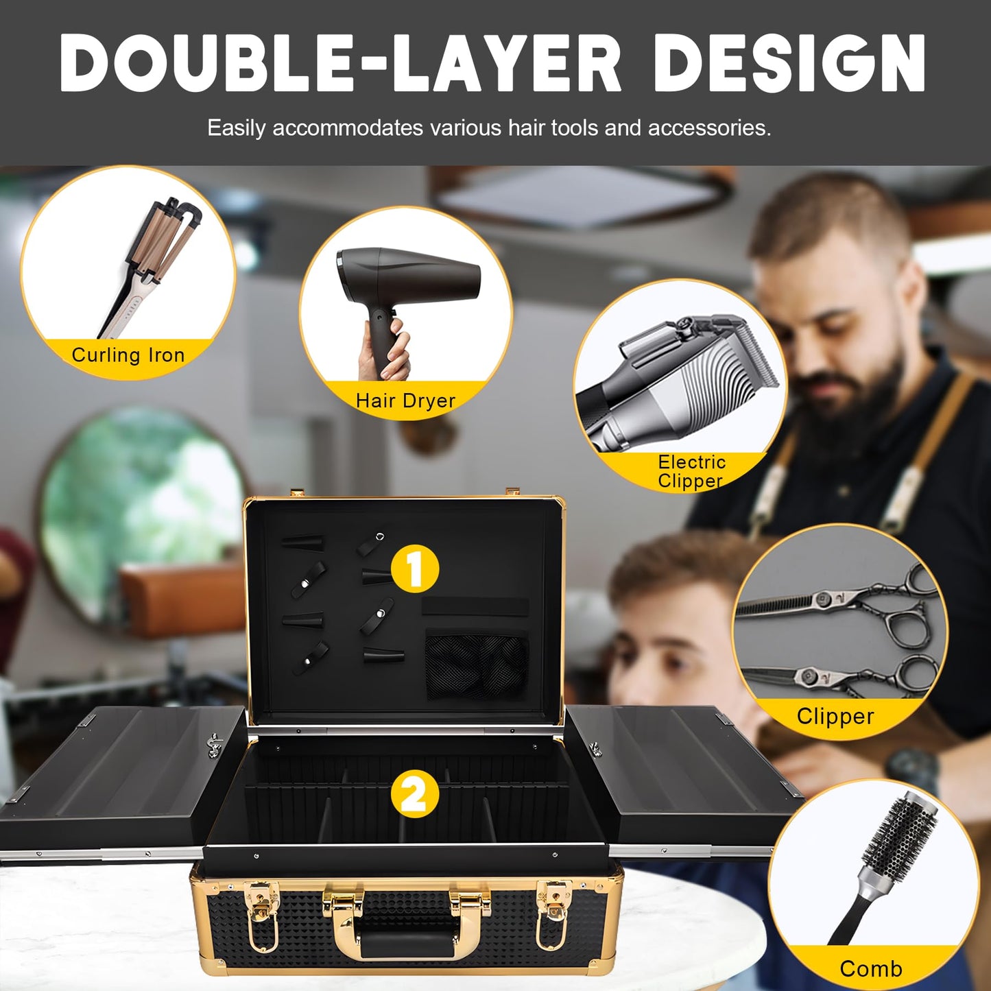 QIPOKAN 3-Layer Large Barber Travel Case with 6 Electric Clipper Slots and Transparent Acrylic Sliding Tray, Professional Barber Case,Suitable for Beauty Hair Stylist Salon Makeup Artist (Gold)