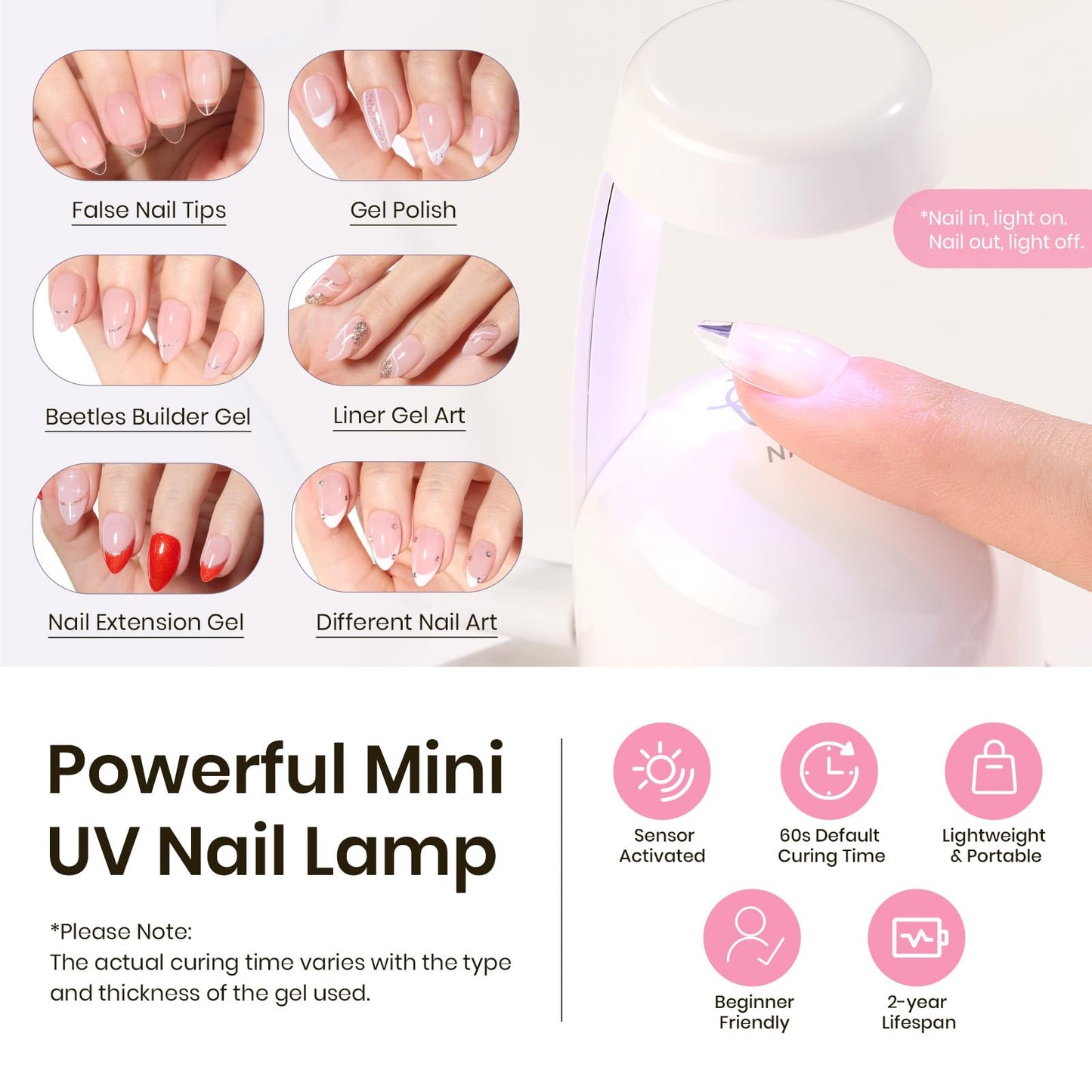 Beetles Tipex Instant Apex Nail Tips Kit, Short Almond, 224PCS 16 Sizes 00-14, No Builder Gel Needed, 20g Solid Nail Glue, Mini UV Lamp