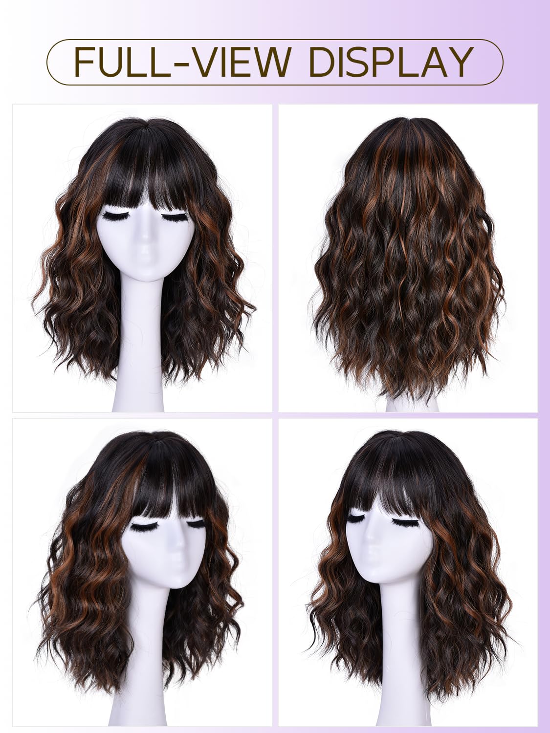 Short Wavy Wig with Bangs - Natural Curly Synthetic Hair for Daily Wear | 14-Inch Brown Highlight
