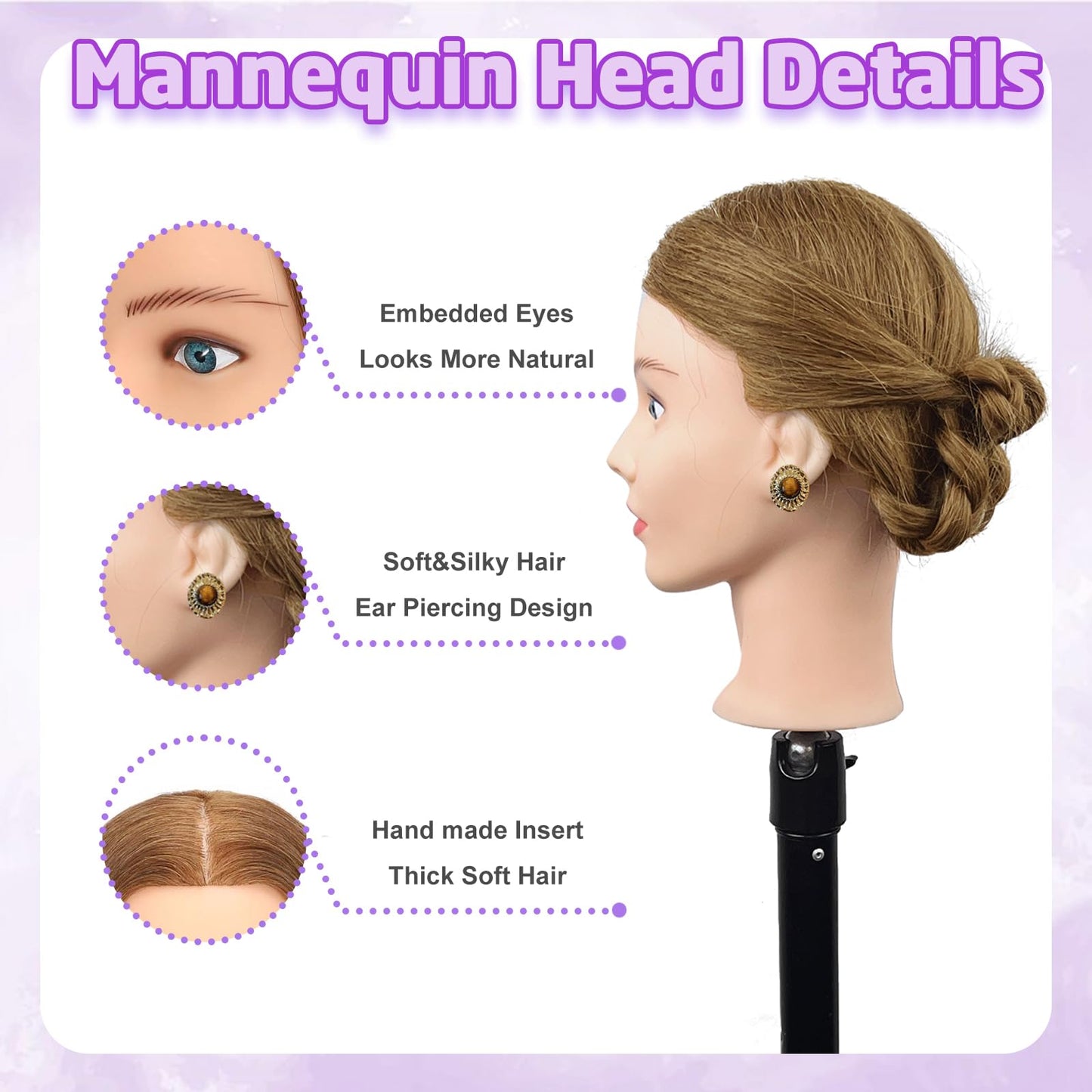 Mannequin Head Human Hair - Cosmetology Manikin Doll Head with 100% Real Hair for Hairdresser Practice Styling Braiding & Free Clamp Holder (Light Brown)