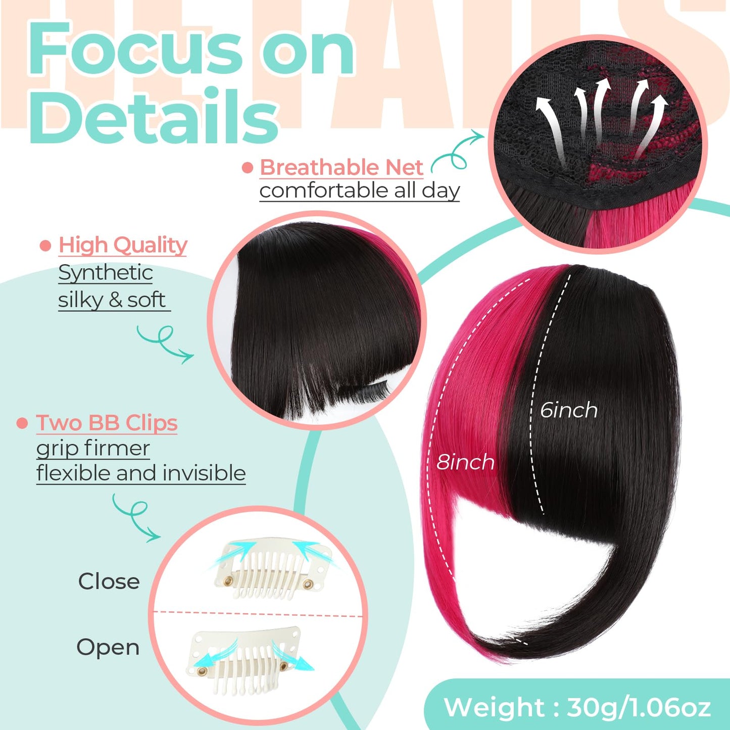 Cephermer Clip in Bangs, Synthetic French Bangs Hair Clip, Fake Bangs Fringe with Temples Hairpieces for Women Natural Curved Hair Extensions for Daily Wear Dark Black mix Wine Red