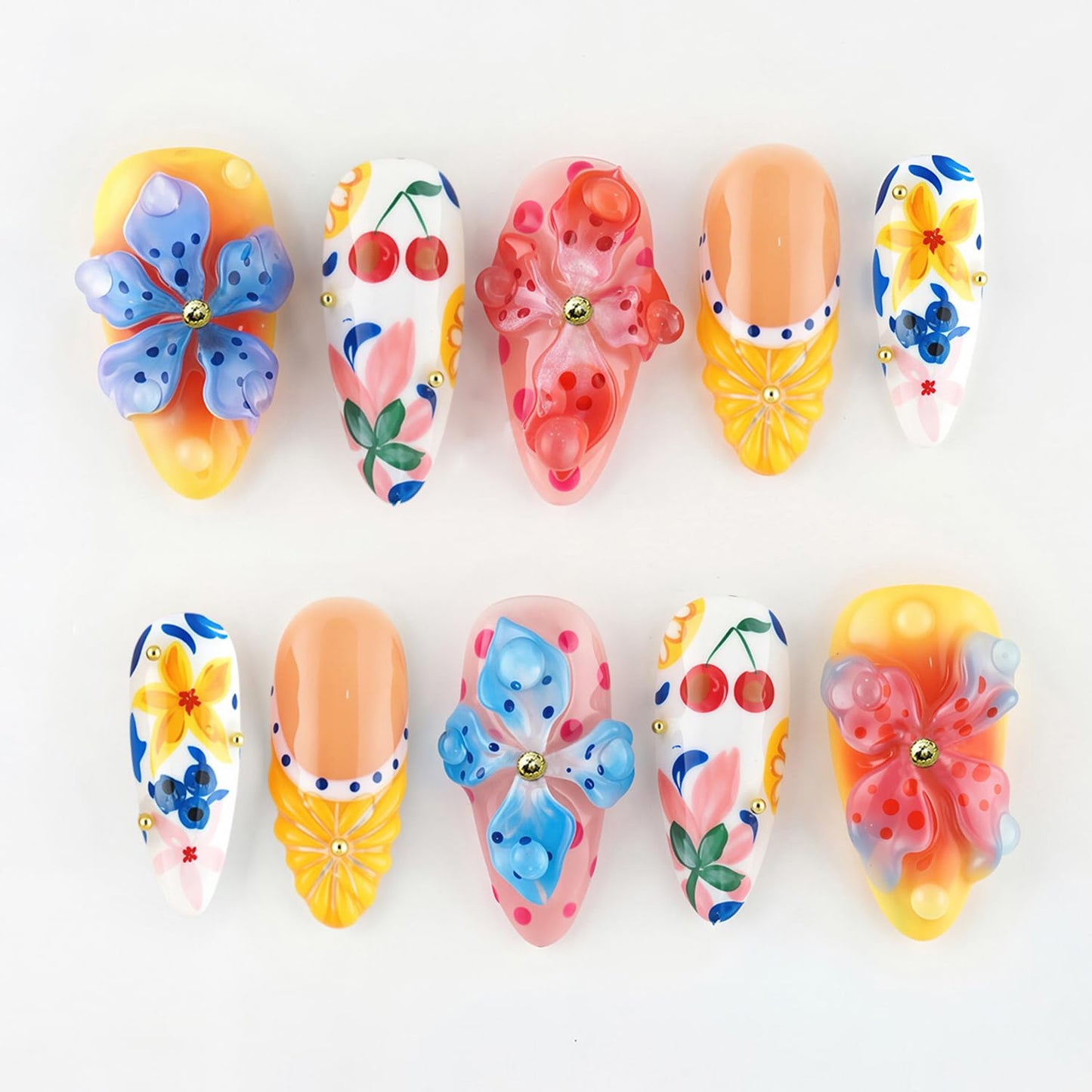 30Pcs Summer Press-On Nails - Medium Almond 3D Lemon French Tip Acrylic Nails | Full Cover Floral Design