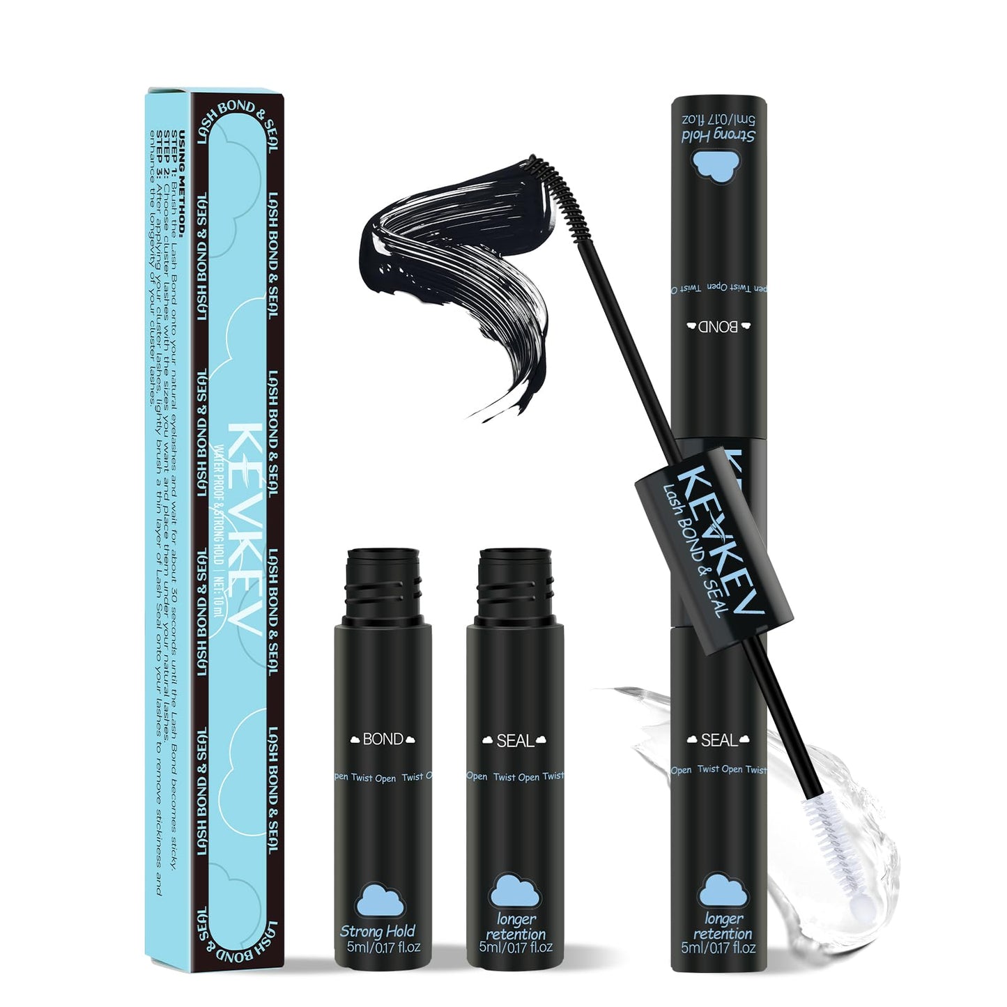 KEVKEV Lash Cluster Glue, Bond And Seal Lash Glue, 2 in 1 Waterproof Lash Bond & Seal for Clusters Strong Hold 72H+ Oilproof Latex-Free Easy To Apply (10ml, Black)