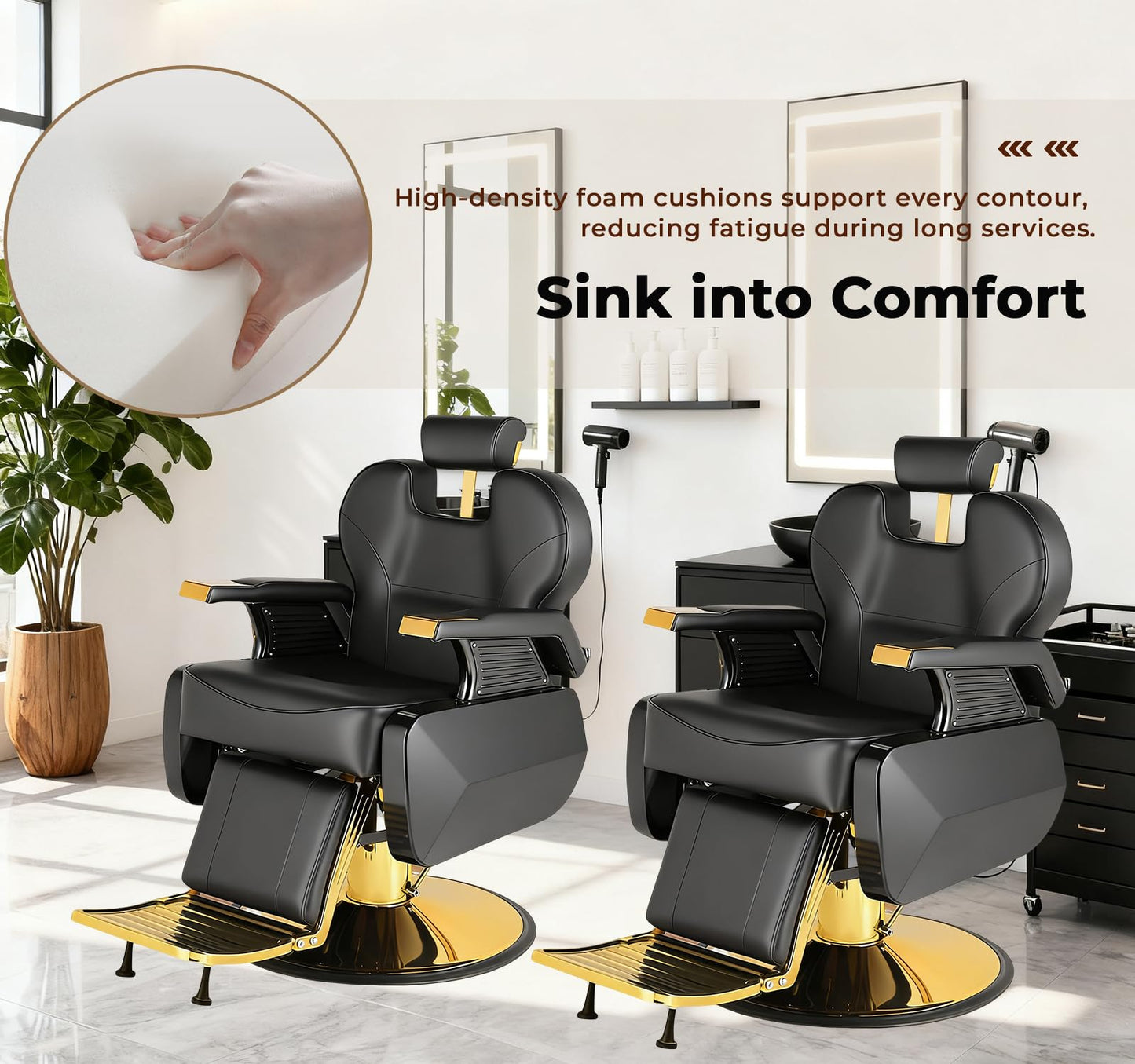 Black and Gold Barber Chair, Heavy Duty Hydraulic Reclining Barber Chair for Barbershop w/ Adjustable Headrest & Footrest, 360° Swivel Studry Frame barber Chair for home, Spa, Tattoo, Beauty Salon
