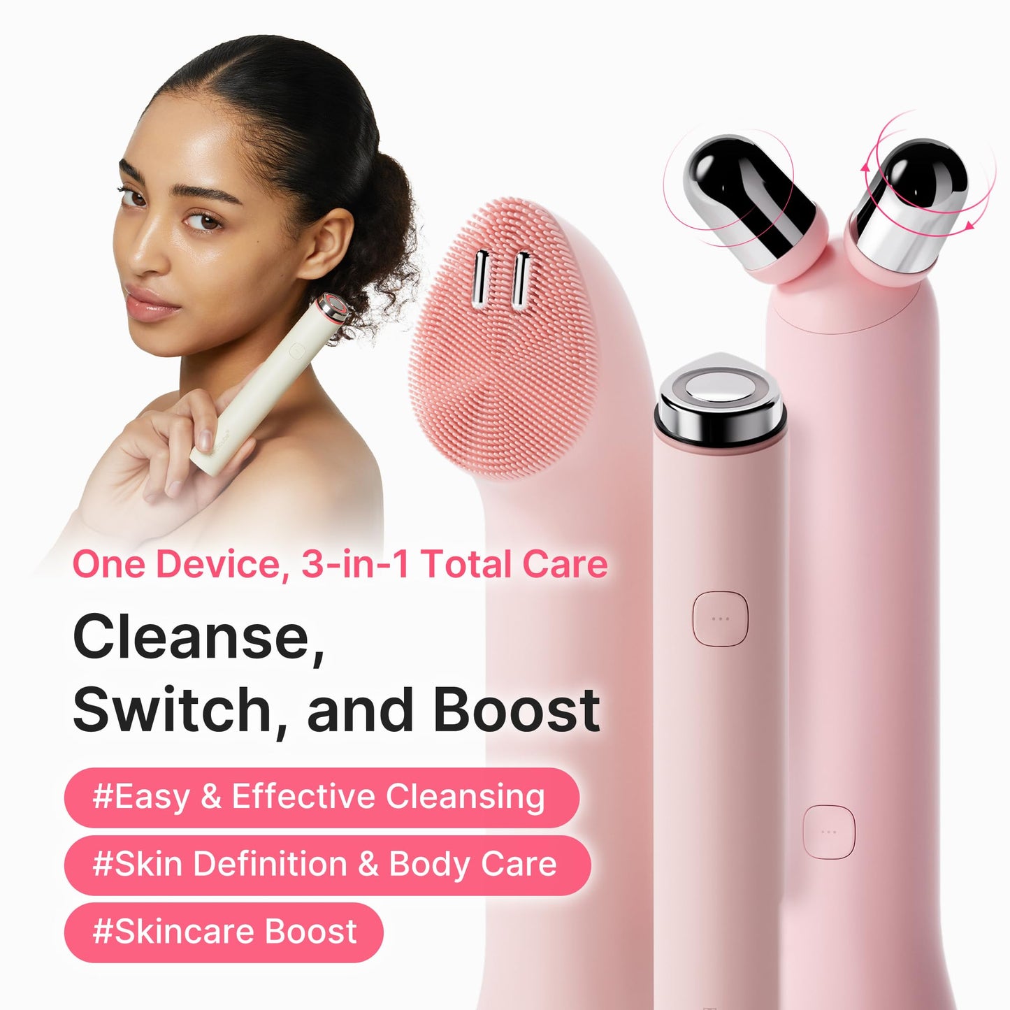 medicube Mini Booster Pro Plus Full Facial Device Set | 3-in-1 Korean Facial Device for Makeup Removal & Pore Cleansing, Skin Definition & Body Care, Skincare Boost with 3 Modes | Pink