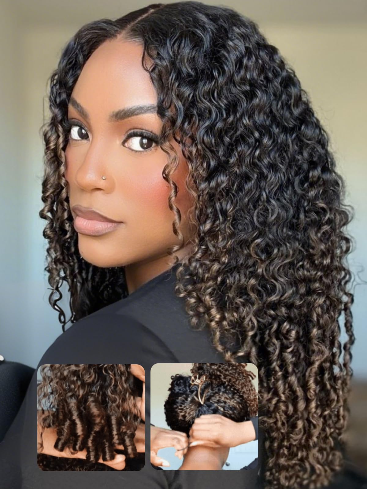 UNICE Burmese Curly Human Hair Wig with Finger Coil Ends Glueless 7x5 Lace Front Drawstring Wig Pre Plucked Pre Cut Put On and Go Black to Chestnut Brown Ombre 18 inch