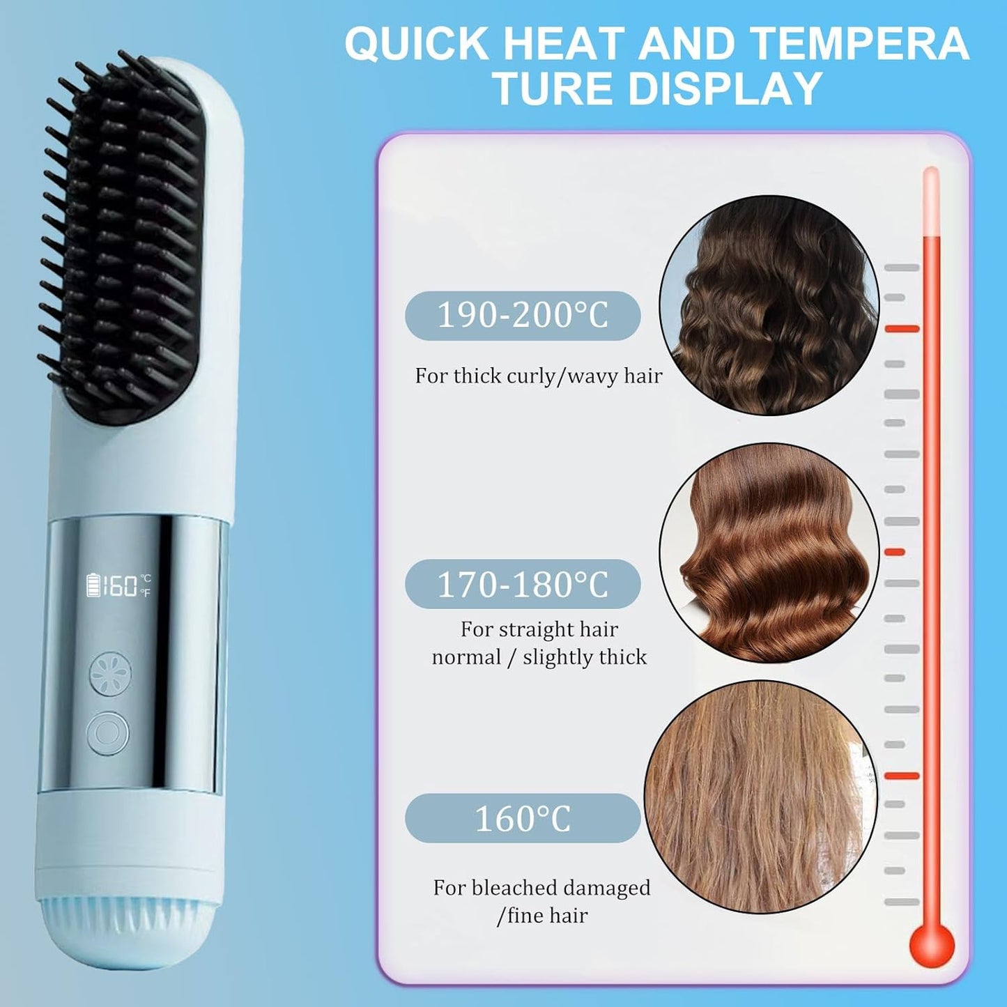 Go Brush Pro Hair Straightener Brush - Portable Cordless Design, Fast 30s Heat & Cool Air Setting | Blue