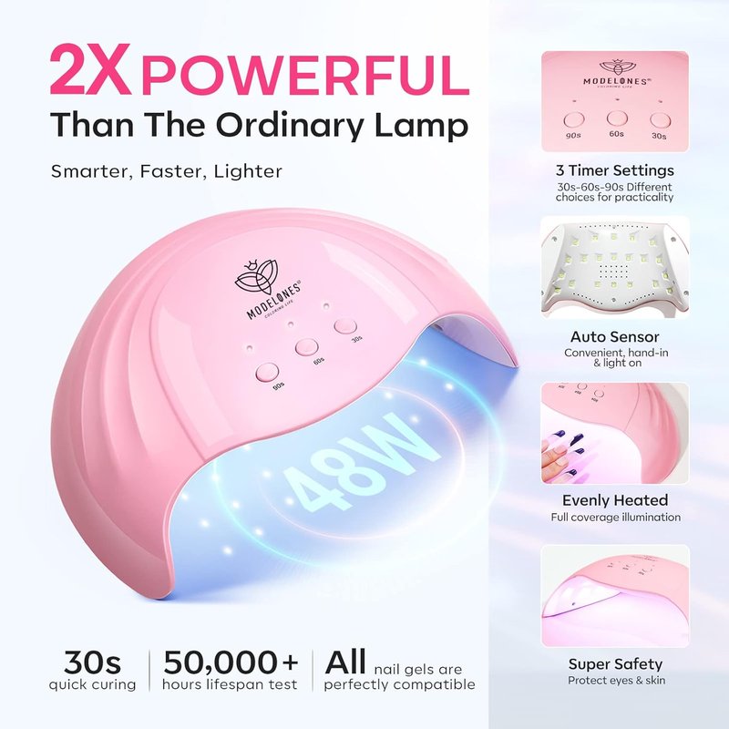 Modelones UV Nail Light - 48W Gel Nail Dryer with 3 Timer Settings | Includes UPF99+ Protection Gloves