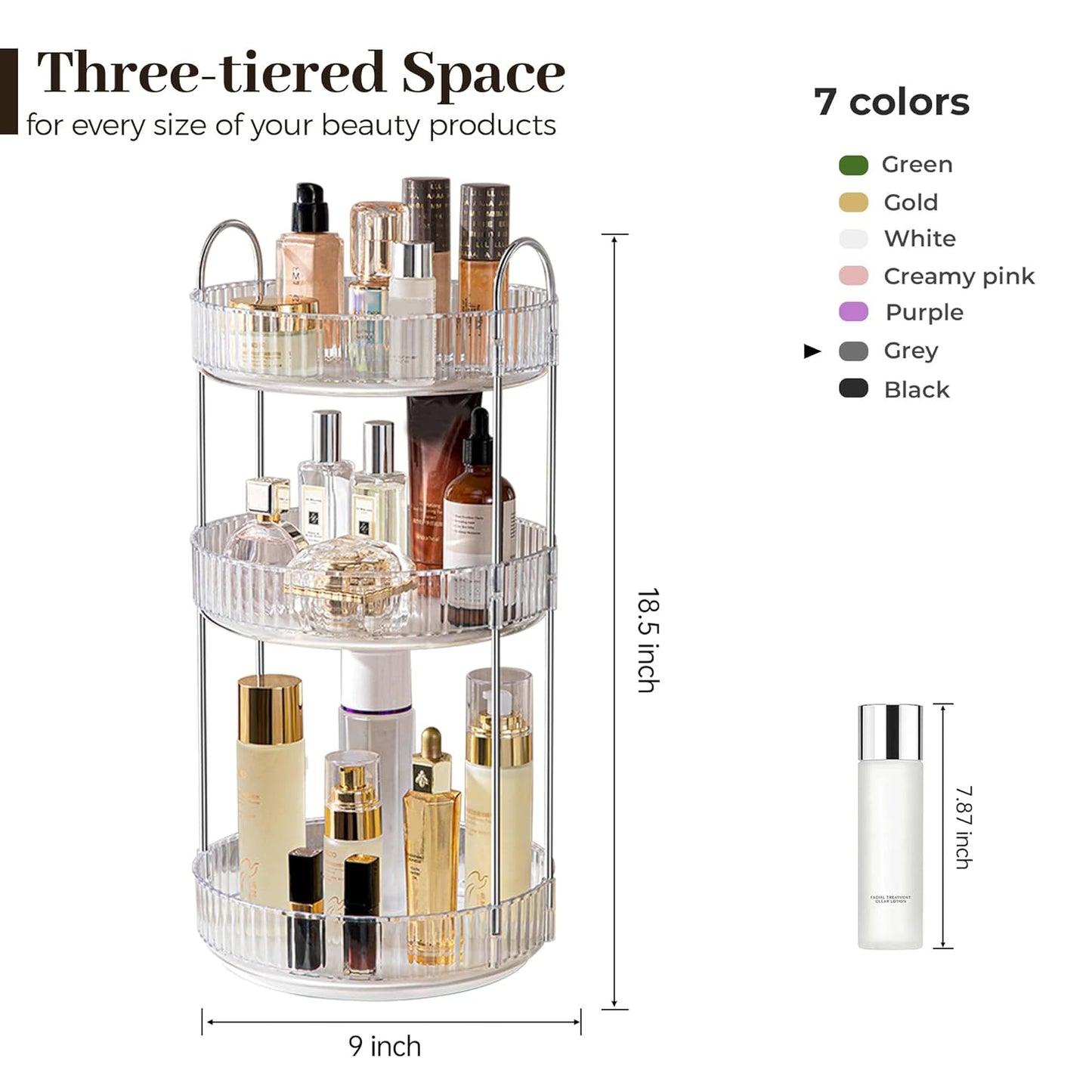 Rotating Makeup Organizer - 3 Tier Clear Cosmetic Holder for Vanity | Grey Perfume & Skincare Storage