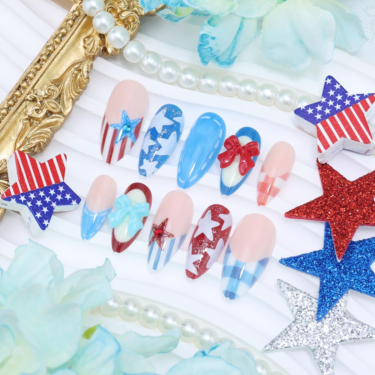 Independence Day Press-On Nails - 30Pcs Medium Almond Shape with 3D Red & Blue Bow Designs | Patriotic French Tip Full Cover