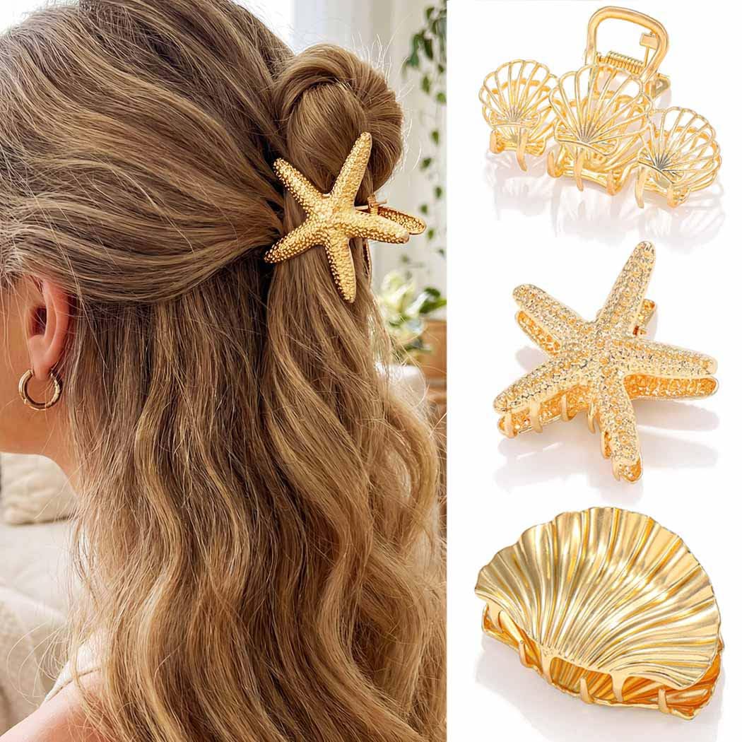 Starfish Claw Clips - Gold Metal Seashell Hair Accessories for Women | Mermaid Style