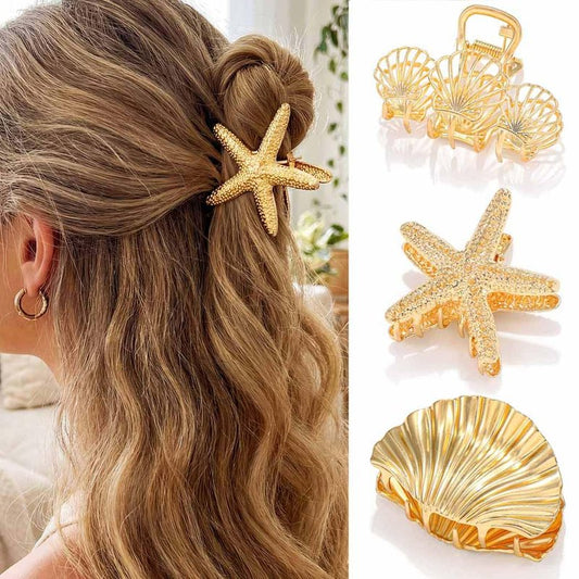Starfish Claw Clips - Gold Metal Seashell Hair Accessories for Women | Mermaid Style