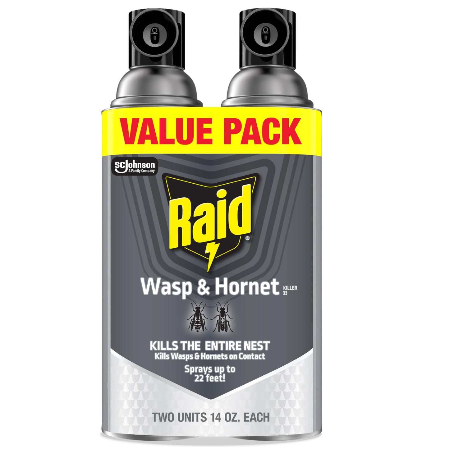 Raid Wasp & Hornet Killer Spray, Kills the Entire Nest, For Paper Wasps, Yellow Jackets, Mud Daubers and more, 14 oz (Pack of 2)