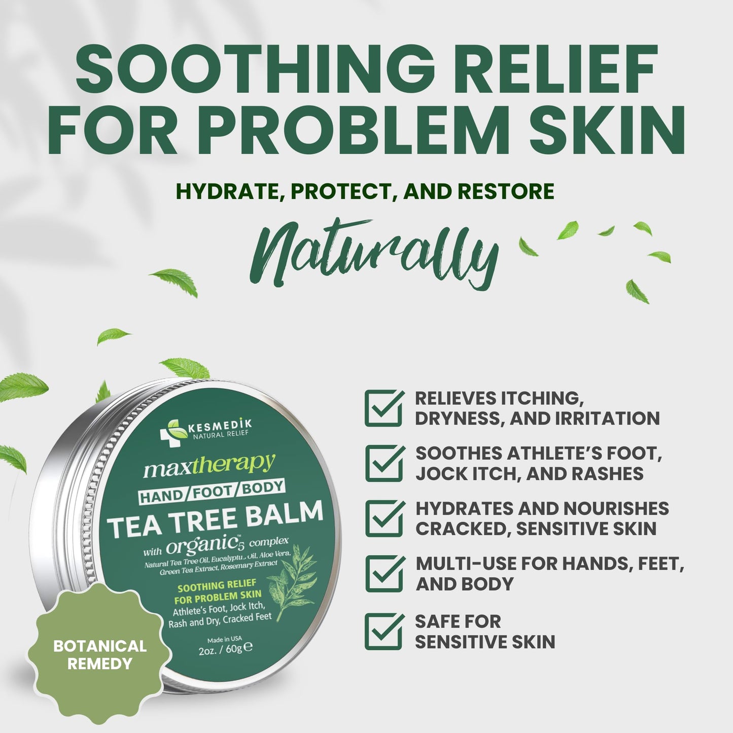 KESMEDIK Tea Tree Oil Balm for Skin, Soothes Itching, Rashes & Dry Skin, Antifungal Defense for Athlete’s Foot, Jock Itch, Chafing, Bug Bites & Eczema, Natural, Effective & Safe for All Ages, 2-Pack