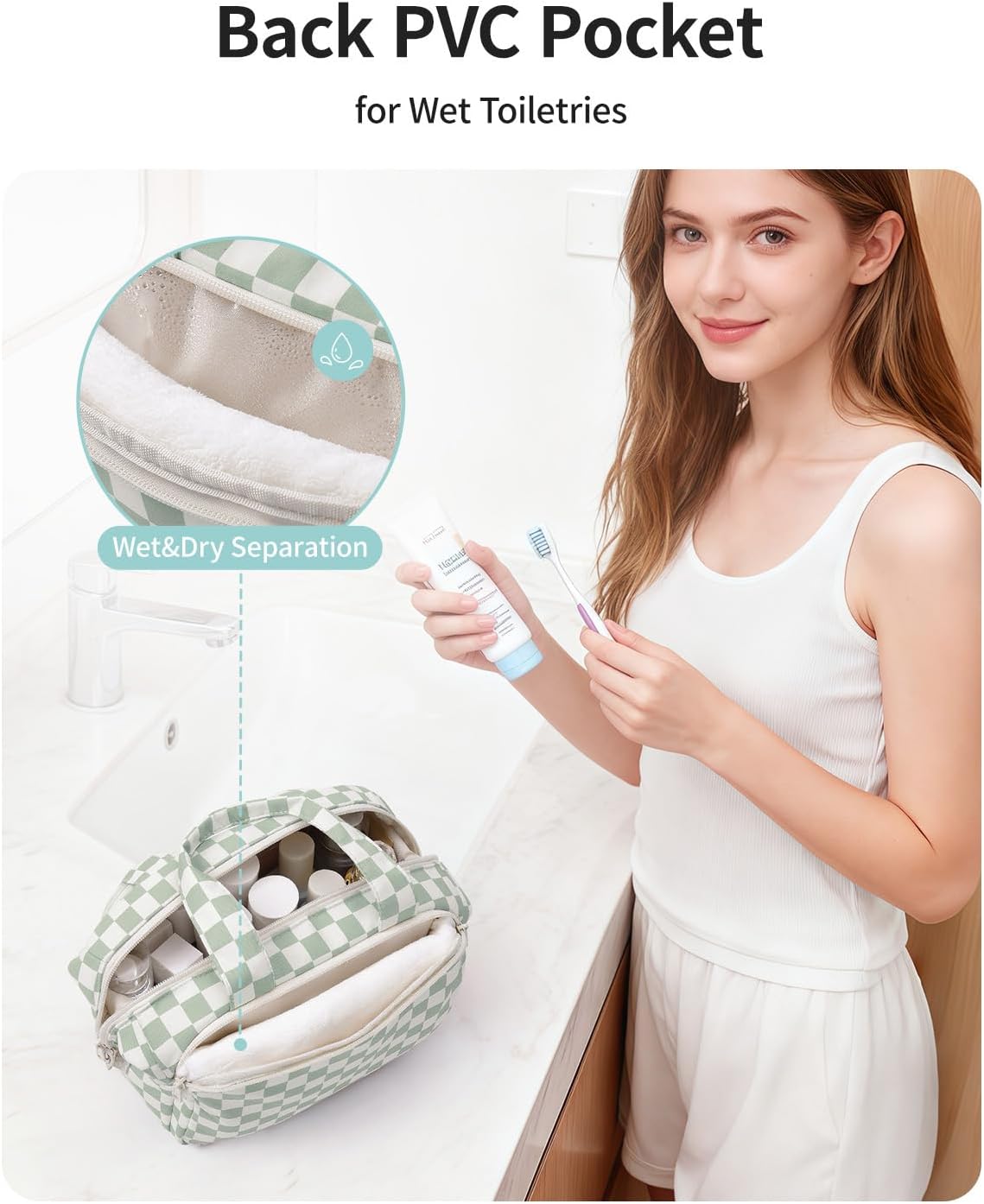 Travel Toiletry Bag for Women - Checkered Makeup Organizer with Handle | Large Size, Wet Pocket (Green Checker)