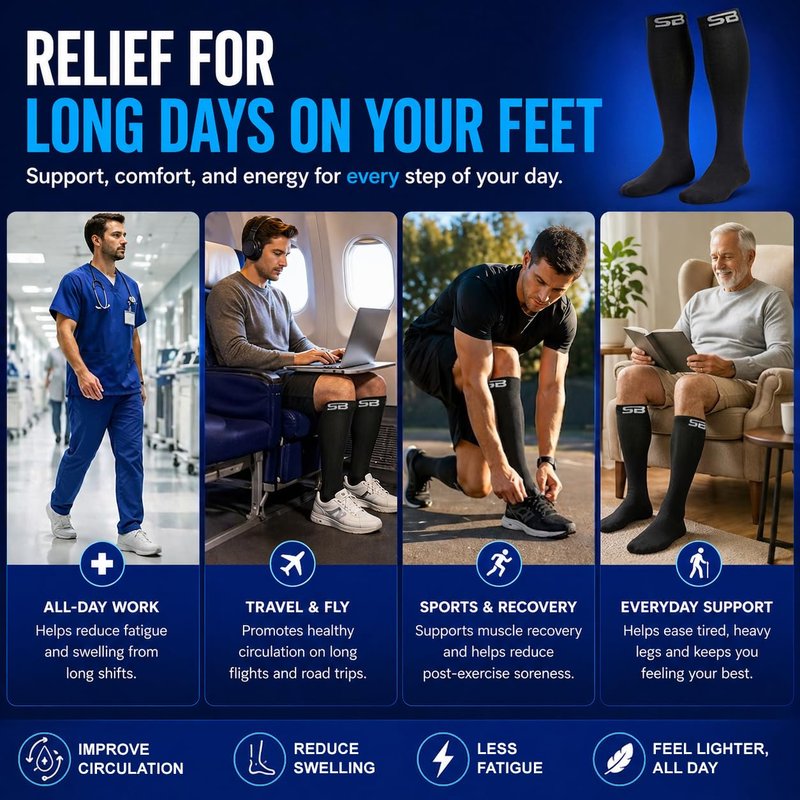 SB SOX 3-Pair Compression Socks for Men & Women (15-20mmHg) – Best Compression Socks for Flying, Medical, Sports, Wide Calf Fit, Skiing, and Daily Wear (L/XL, 01 – Solid Black)
