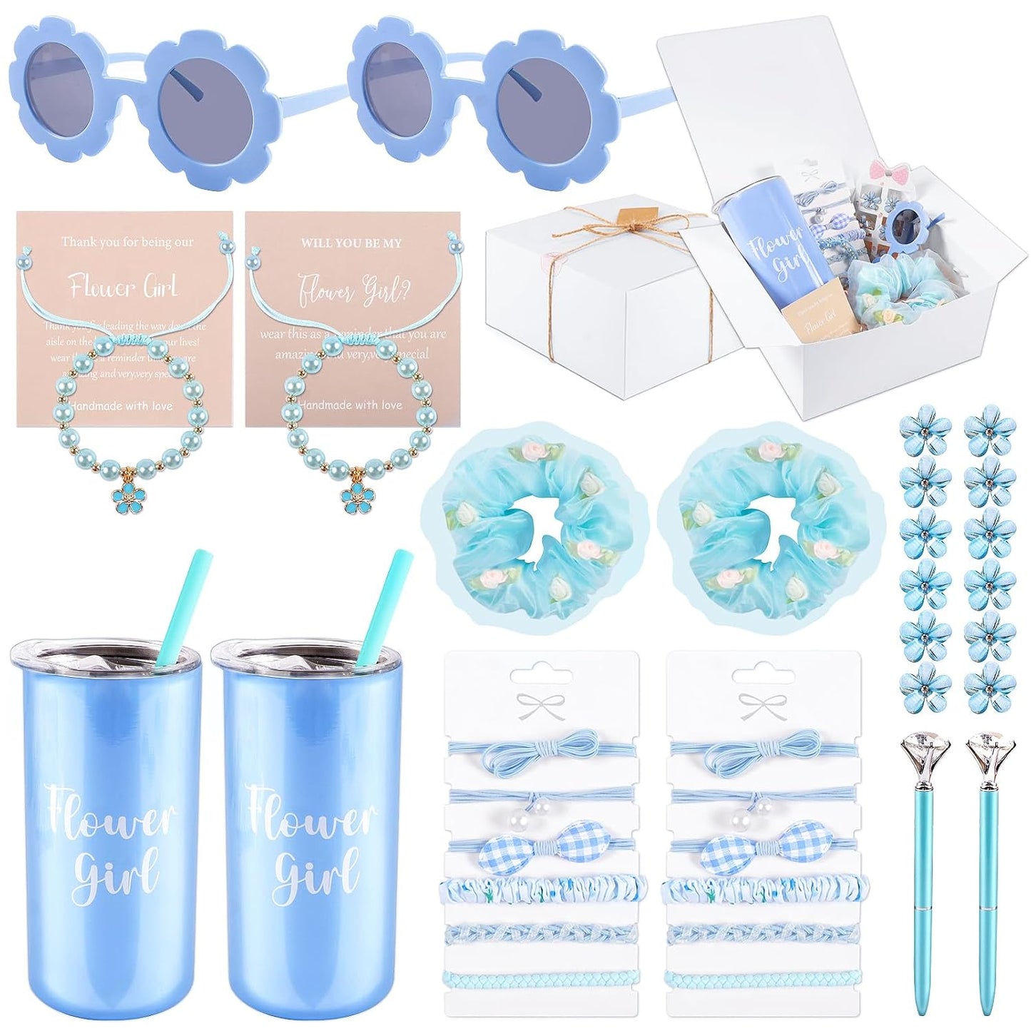 Flower Girl Proposal Gifts Set - 40pcs White Tumbler, Sunglasses, Pearl Bracelet & More | Perfect for Little Girls