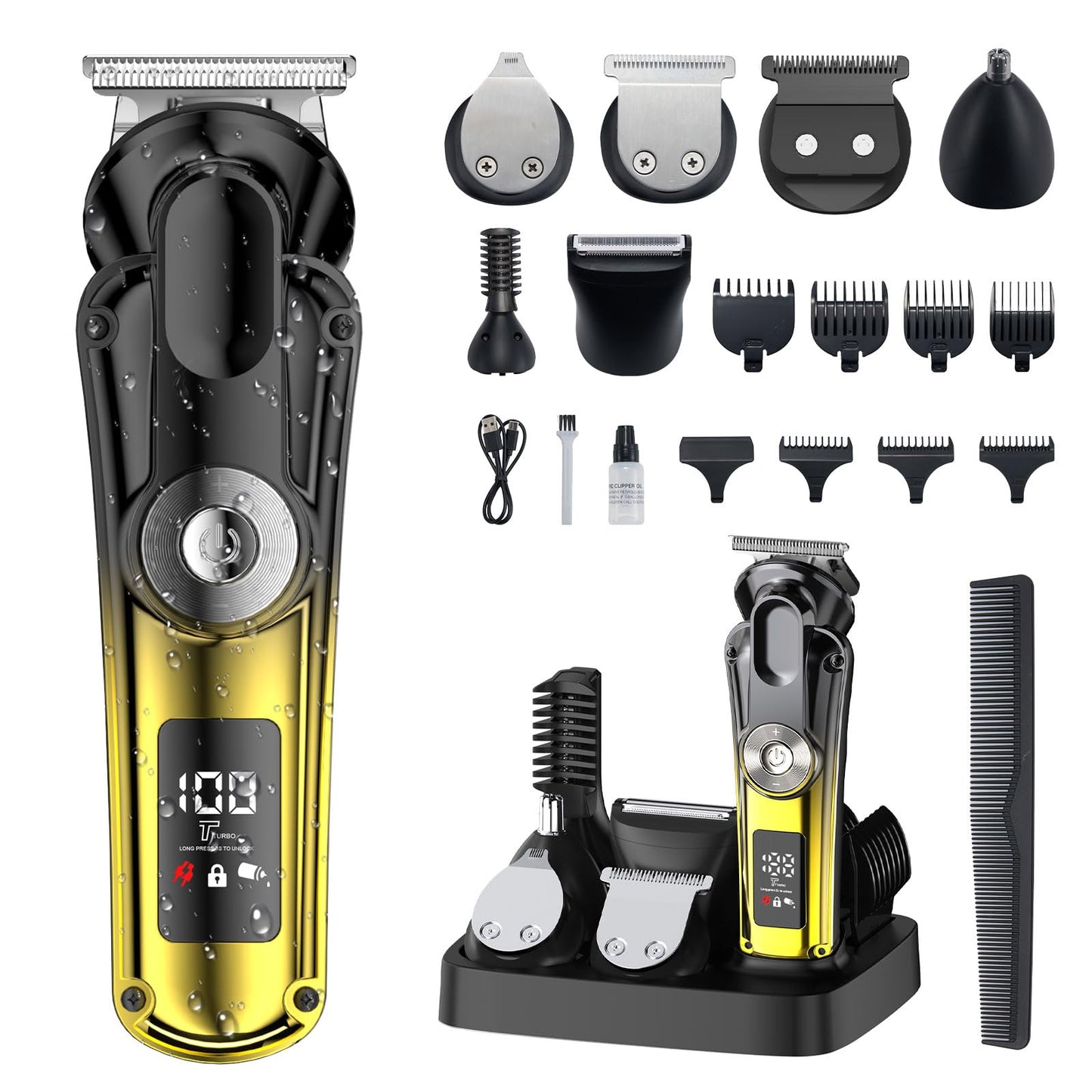 KOMINGDON 20 Piece Hair Clipper Beard Trimmer for Men, All-in-One Men's Grooming Kit for Nose,Ear,Body,Mustache, Cordless Electric Shaver Razor with IPX6 Waterproof,120-Min Runtime,LED Display