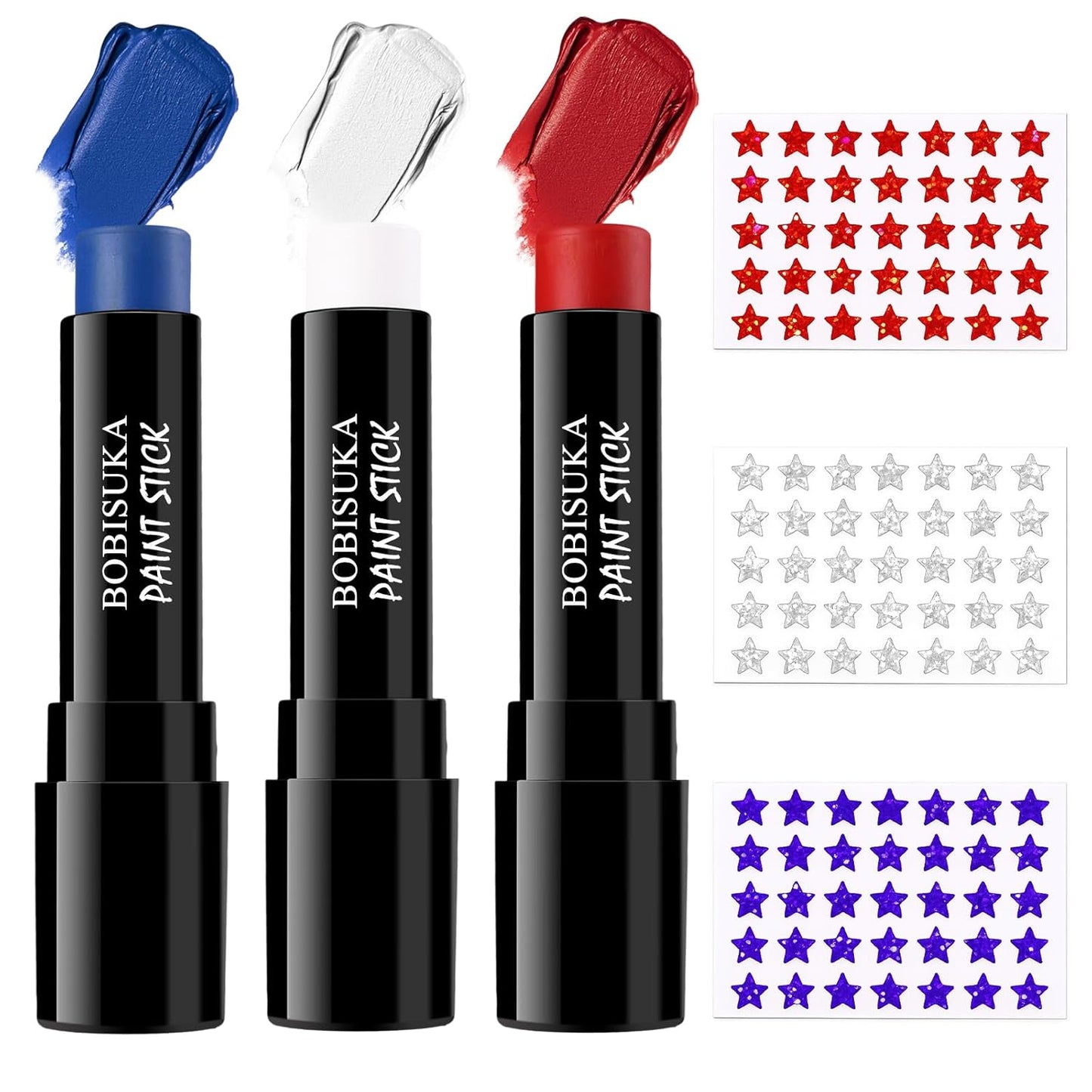 Face Paint Stick Set - Red, White & Blue Cream Makeup for Kids & Adults | 3 Glitter Star Stickers for 4th of July Events