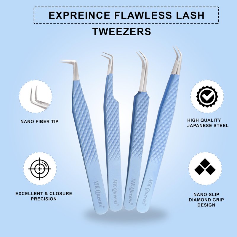 Fiber Tip Lash Tweezers For Eyelash Extension Tweezers Professional Eyelash Extension Tweezer - Set of 4 Pcs Diamond Grip Stainless Steel Fiber Tweezer (4, Sky Blue)