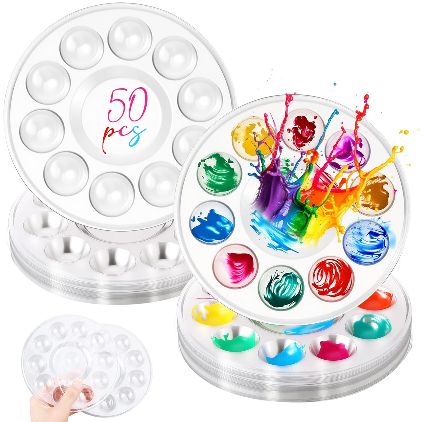 AmazingSpark 50 Pcs Paint Tray Palettes 5.5 in Clear Disposable Round Plastic Paint Palette Bulk Watercolor Craft Supplies for Art Class, DIY Craft, Painting Party, Birthday Party