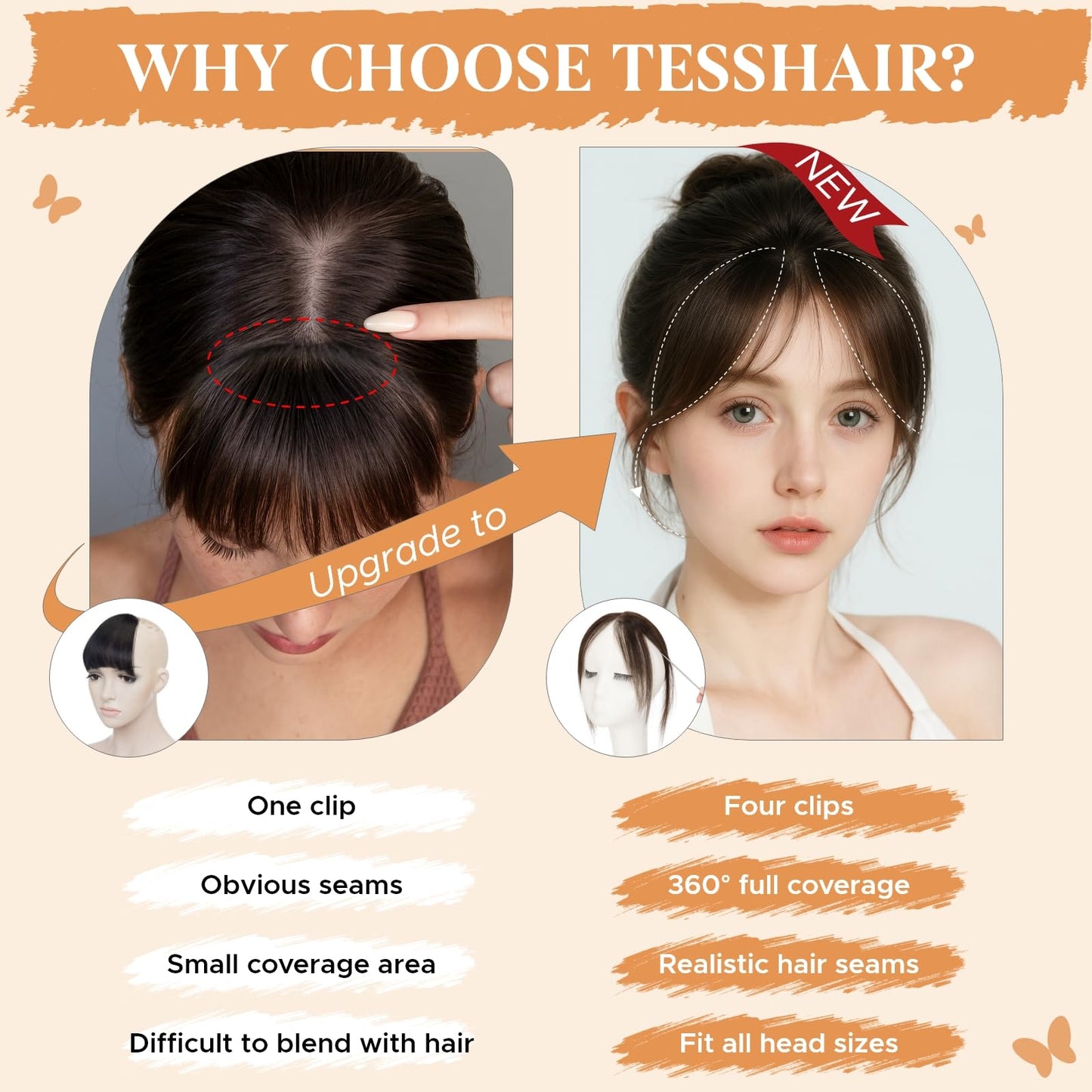 TESSHAIR Clip in Bangs, 100% Real Human Hair, Human Hair Clip in Bangs, Middle Part HairPieces, No Tangle & Smooth, 11g #4P27 Medium Brown Mixed Dark Blonde