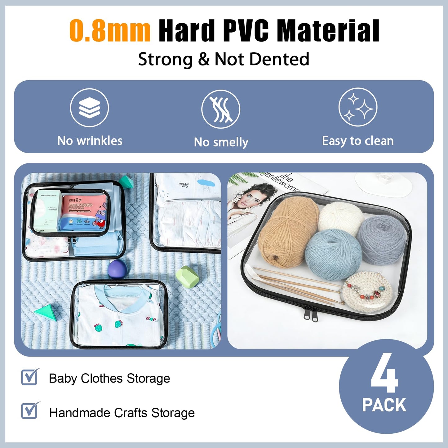 Bifrgmy 4PCS Clear Hard Shell Double-Zipper Pouches, Transparent Plastic Organizer Bags for Travel Cosmetics, Toiletries, Toy Storage & More (Black)