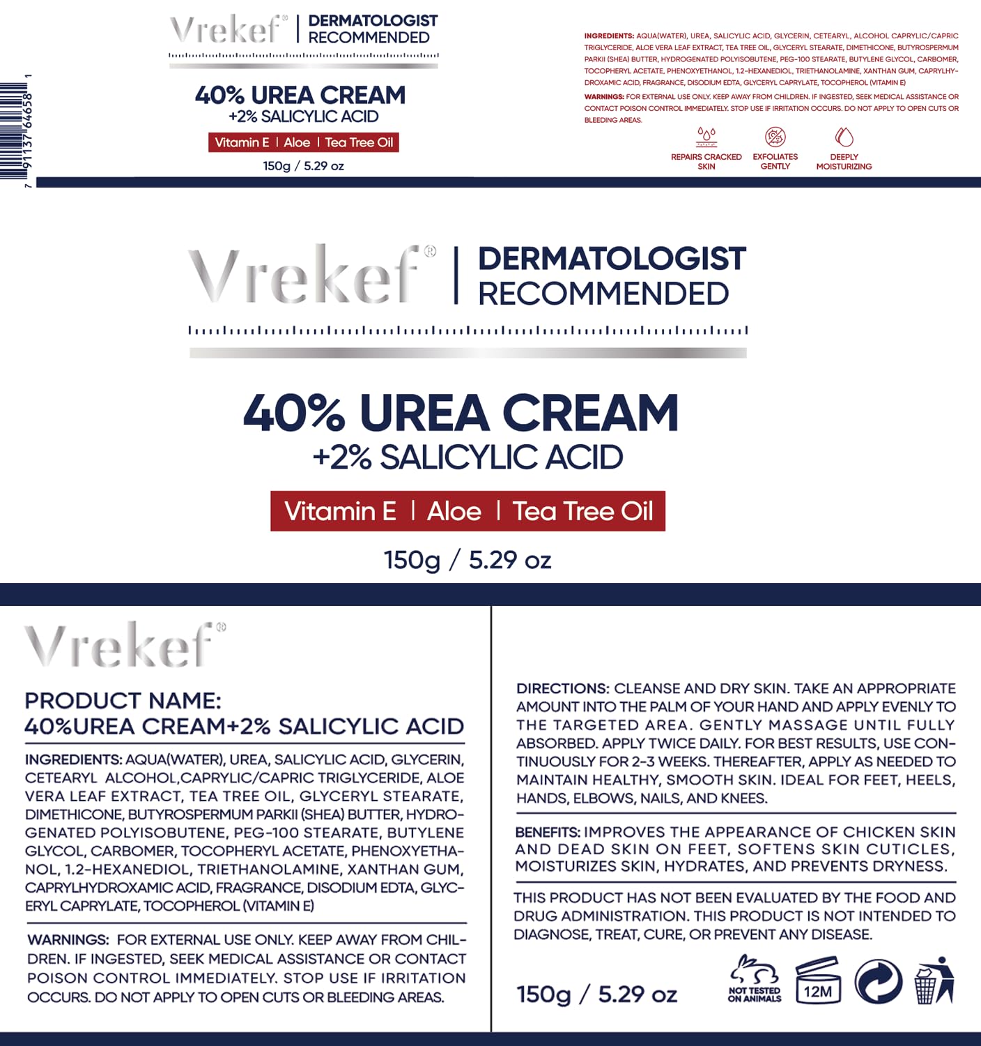 VREKEF Urea Cream 40 Percent with 2 Percent Salicylic Acid, Foot & Hand Cream for Dry Cracked Heels, Callus Softener for Feet, Exfoliating Foot Cream for Rough Thick Skin, 5.29 oz