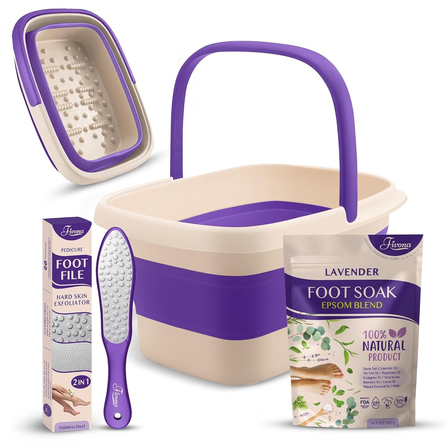 Fivona Foot Care Kit - 3-in-1 Epsom Salt Foot Soak with Lavender & Essential Oils | Collapsible Basin & Dual Action File