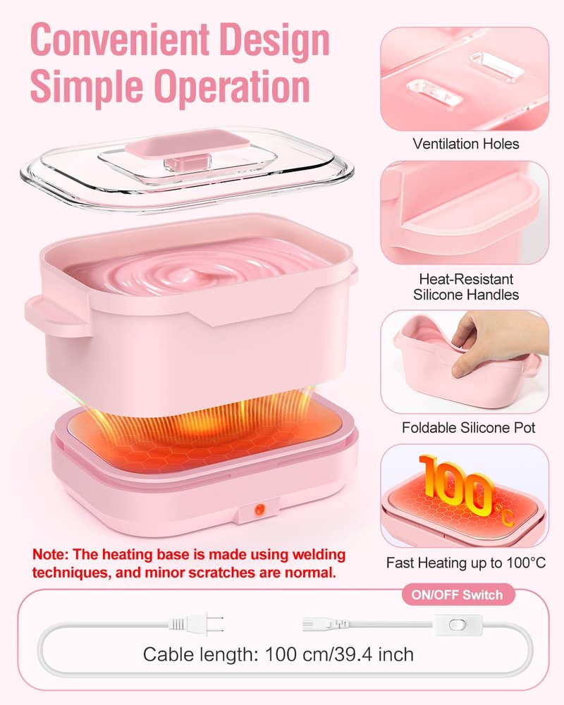 Silicone Wax Warmer for Hair Removal, Foldable Waxing Heater Machine for Melting Hard Soft Wax Beads, 18.6oz Electric Waxing Kit Silicone Wax Pot - Beginner Friendly, Fast Heating, Easy to Clean