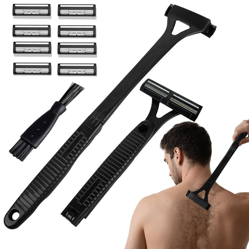 Back Shaver for Men with 8 Replacement Blades, Foldable Long Handle Body Hair Remover, Manual Back Razor Groomer for Men, Wet or Dry Shaving Body Trimmer for Smooth Hair Removal (Black)