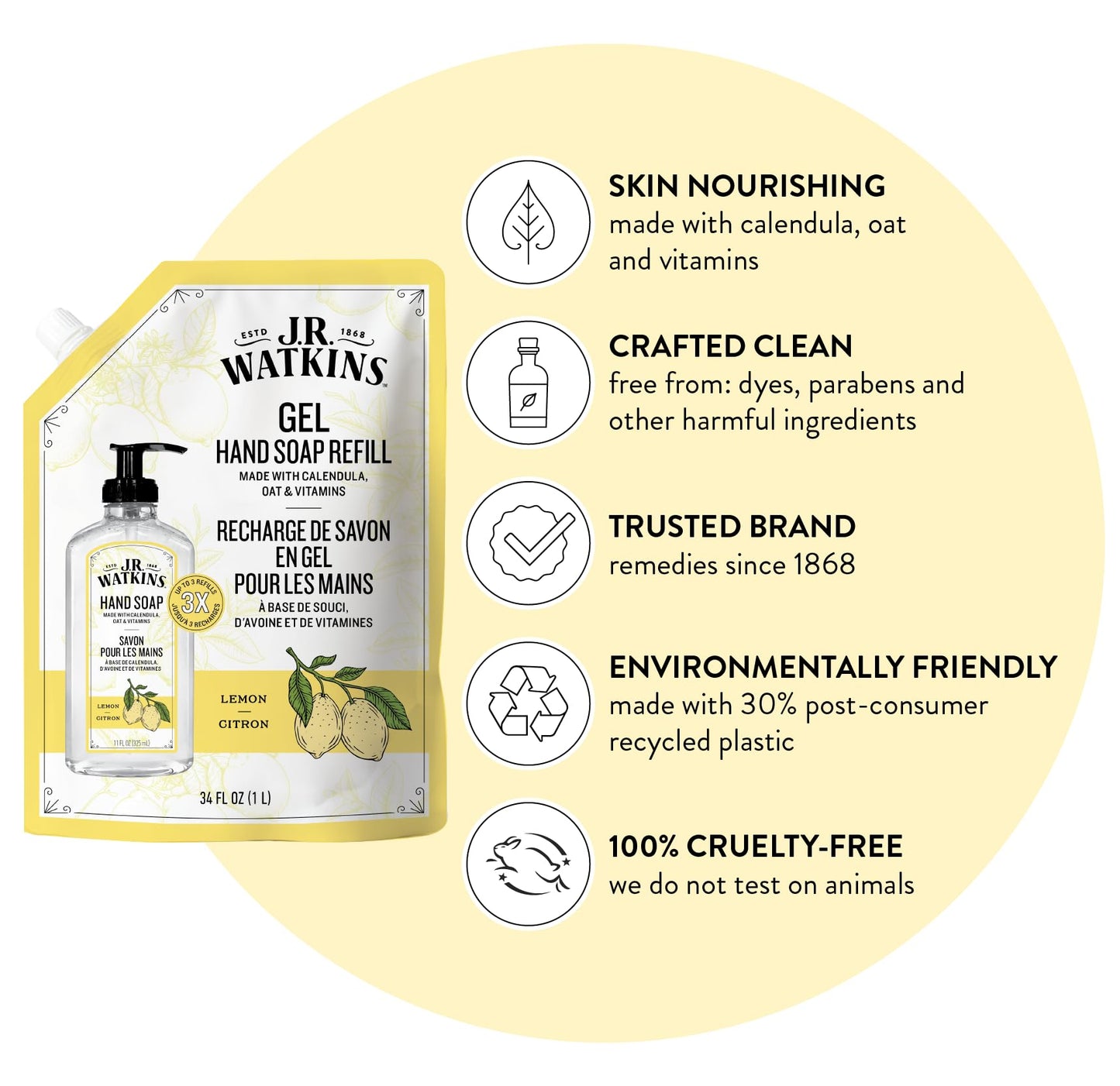 J.R. Watkins Gel Hand Soap Refill, Moisturizing Hand Wash, Formulated with Plant-Based Cleansers, Alcohol-Free, Cruelty-Free, Lemon, 34 Fl Oz, 2 Pack