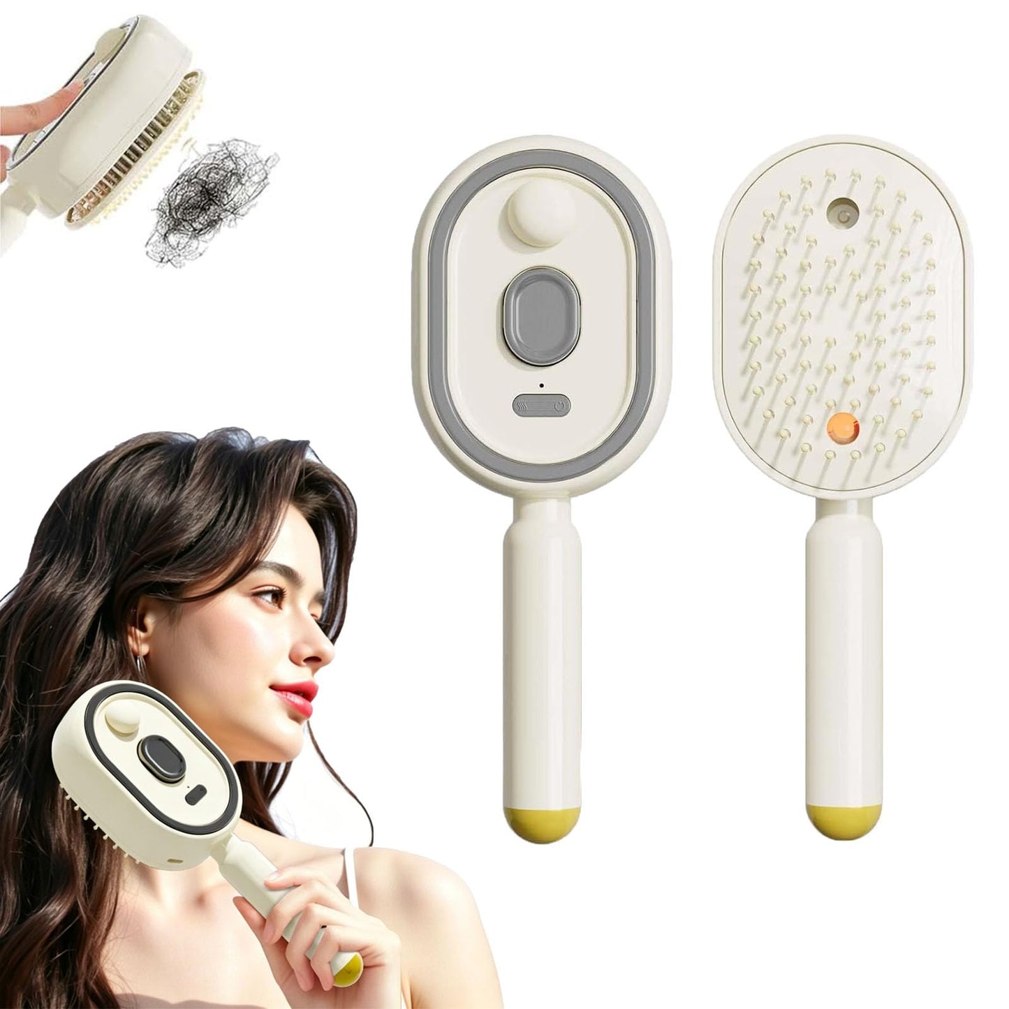 Electric Spray Air Cushion Massage Comb, 3-in-1 Electric Mist Spray Hair Brush, Self-Cleaning Anti-Tangle, Anti-Static for Frizzy Hair & Scalp Care (Beige)