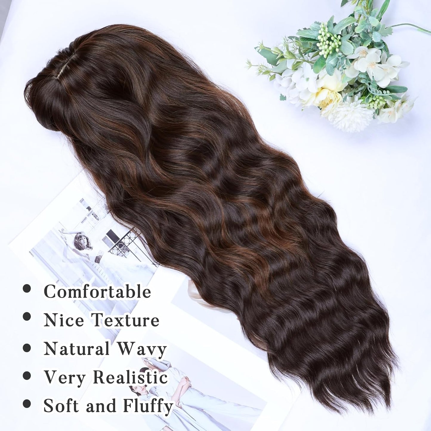 NAYOO Brown Wigs for Women - Long Curly Wavy Hair | Heat Resistant Synthetic Fiber, 24 Inches