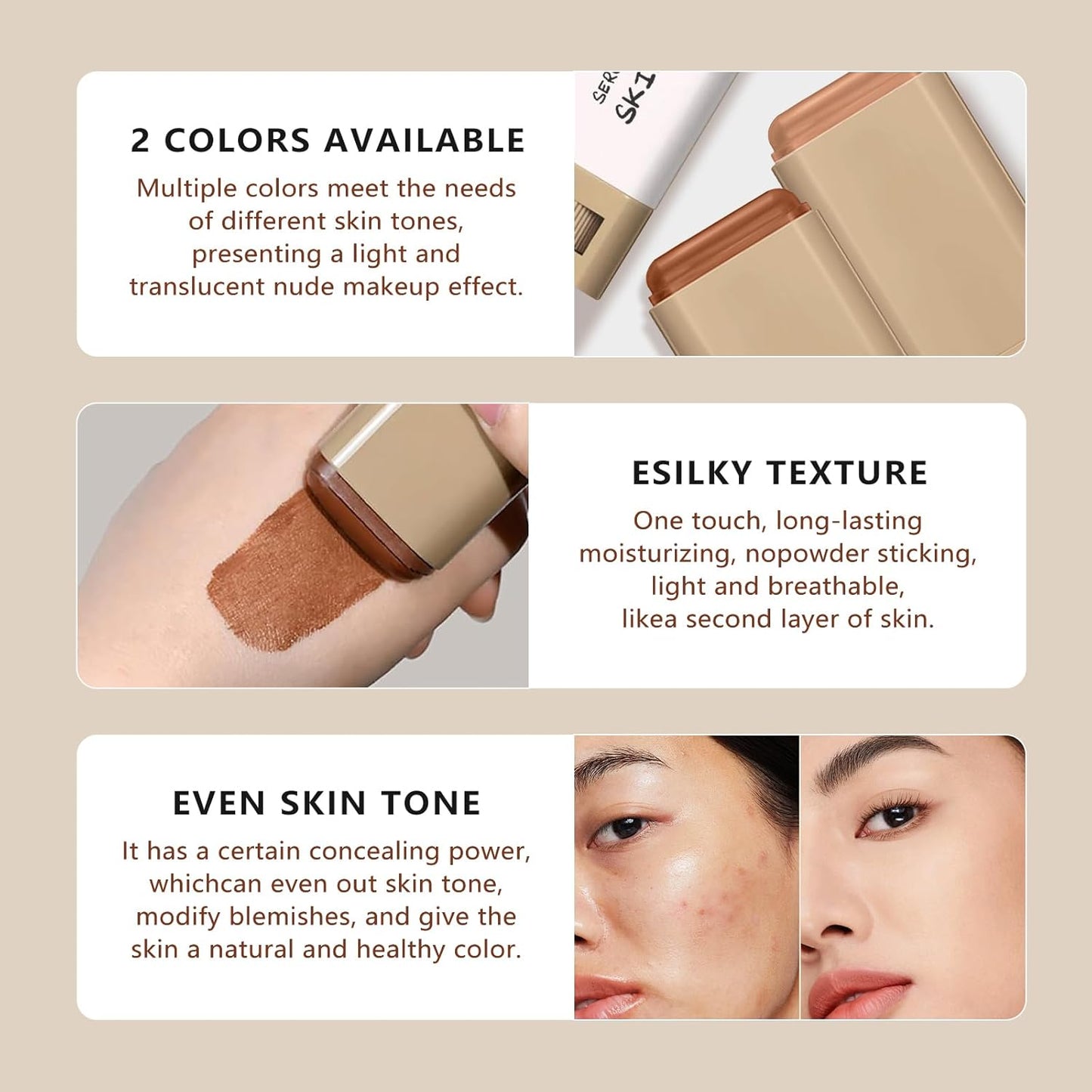 Foundation Stick - Serum-Boosted Tinted Moisturizer for Natural Finish | Longwear Contour Stick (#6 & #3)
