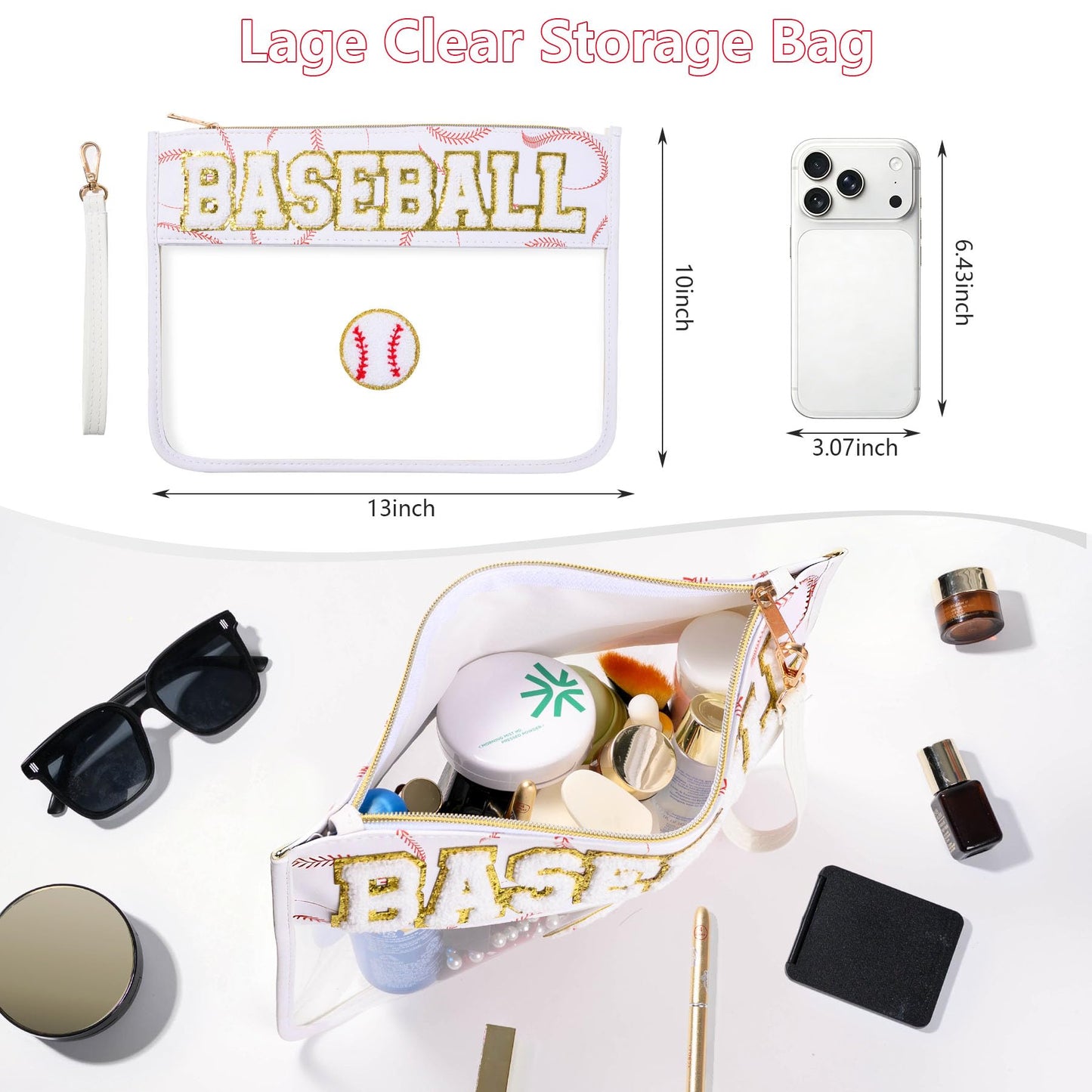 Bufilea Baseball Gift Clear Baseball Bag with Chenille Letter Patches, Waterproof PVC Toiletry Pouch with Wristlet, Large Portable Makeup Bag for Baseball Moms Essentials, Game Day & Travel Organizer