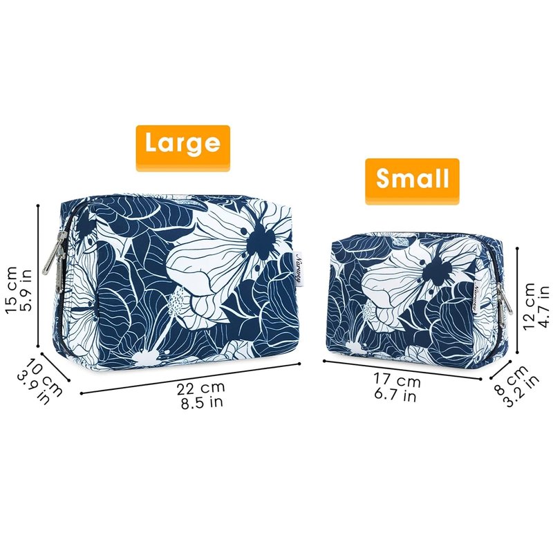 Cute Makeup Bag Organizer - Travel Cosmetic Bag with Compartments for Women | Large Blue Lotus Design
