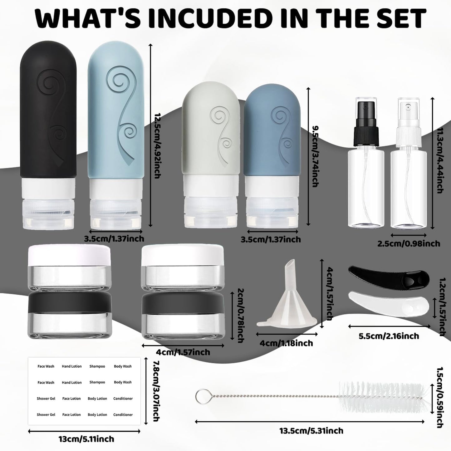 Travel Bottles Set - 16 Pack TSA Approved Leak-Proof Silicone Containers | 2oz & 3oz for Shampoo, Conditioner, Lotion, Body Wash - BPA Free, Black